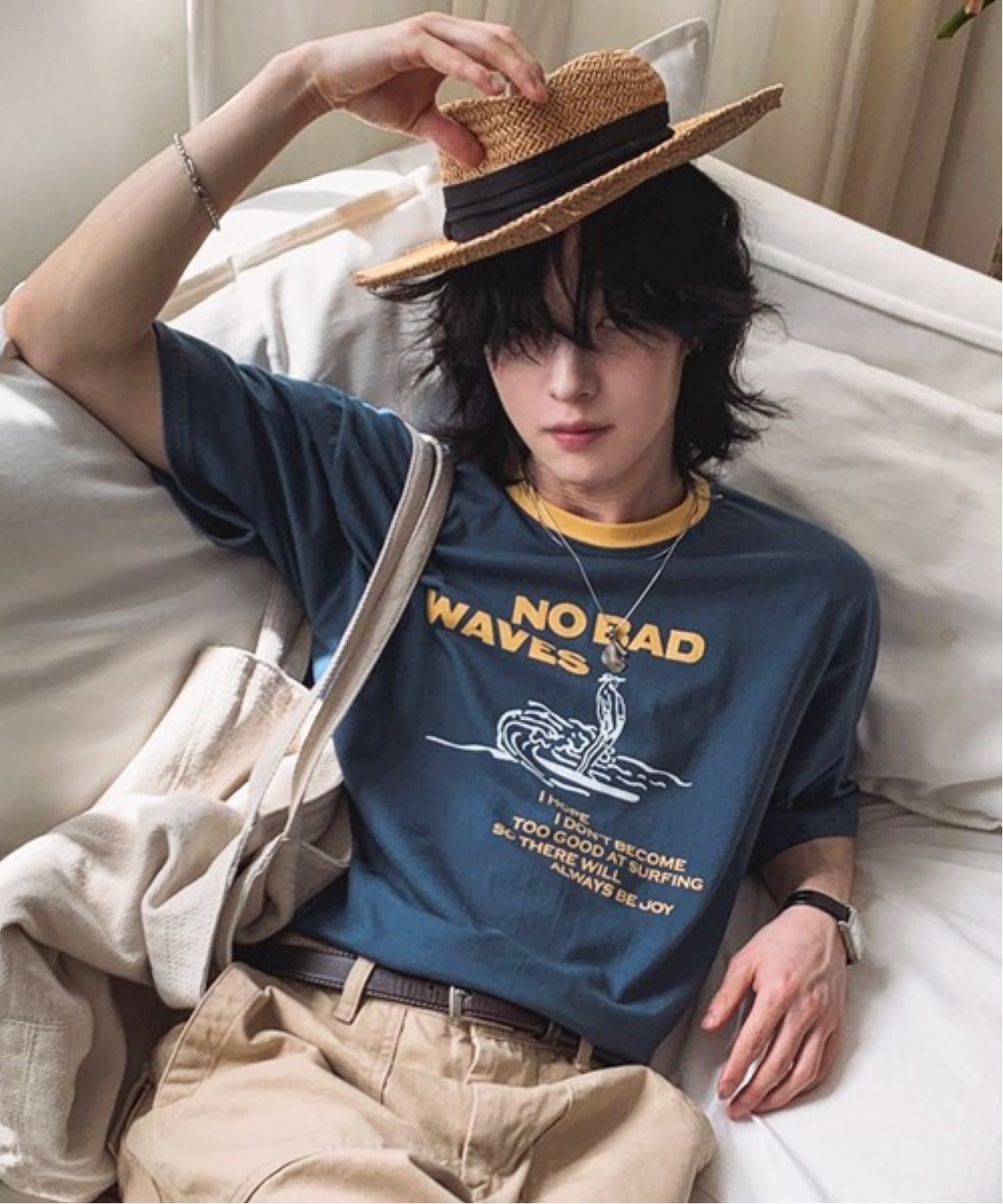 NOWLE NOWLE/(M)【NOWLE】サーフグラフィック クルーネック 半袖 Tシャツ / ヴィンテージライク オールドスクール ネック配色 チェルカ トップス カットソー・Tシャツ ホワイト ネイビー