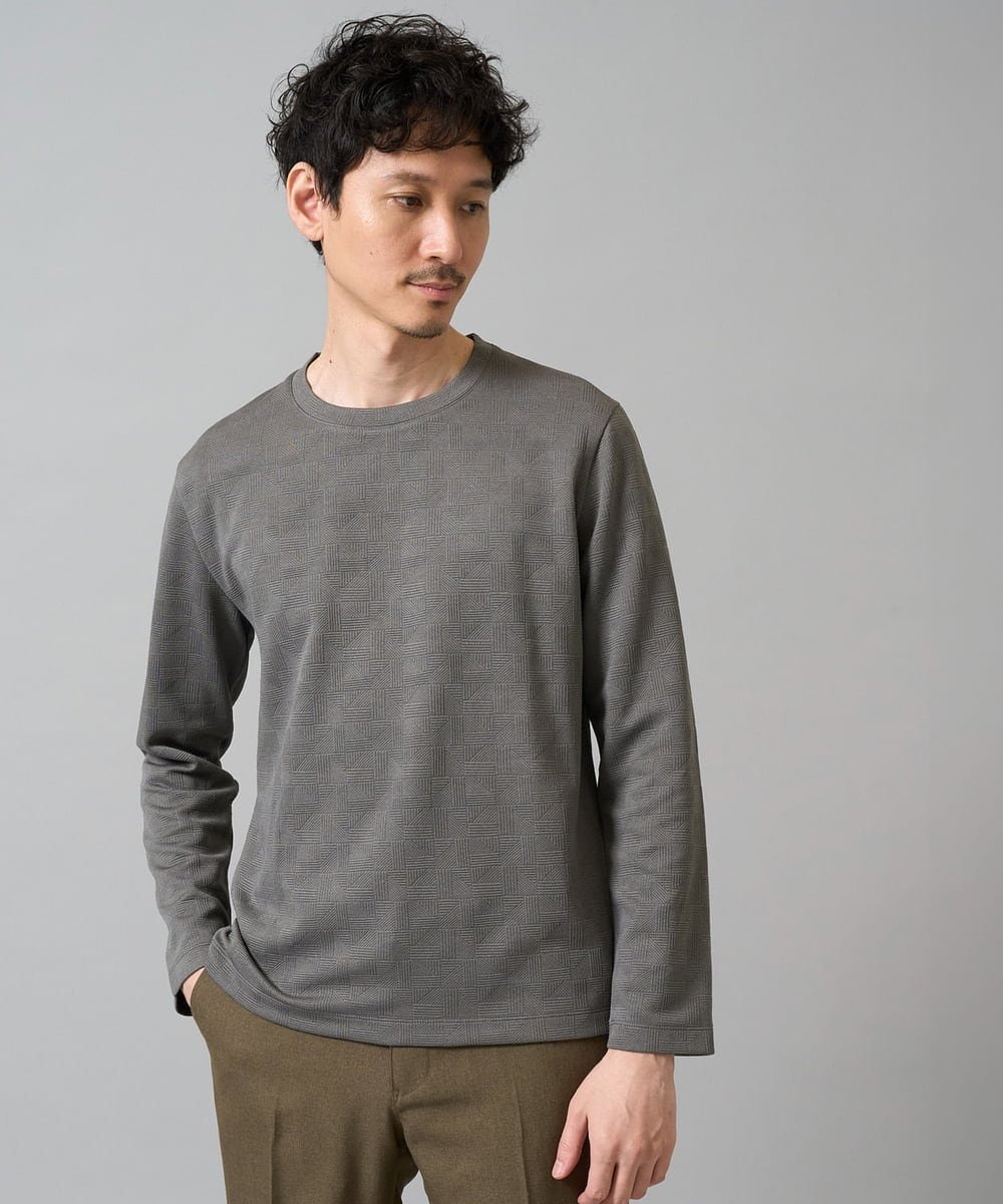 【イージーケア/洗濯機で洗える】幾何ジャカードクルーネックTシャツ ＜ON/OFF SERIES＞ アー・ヴェ・ヴェ トップス カットソー・Tシャツ ブラック ホワイト