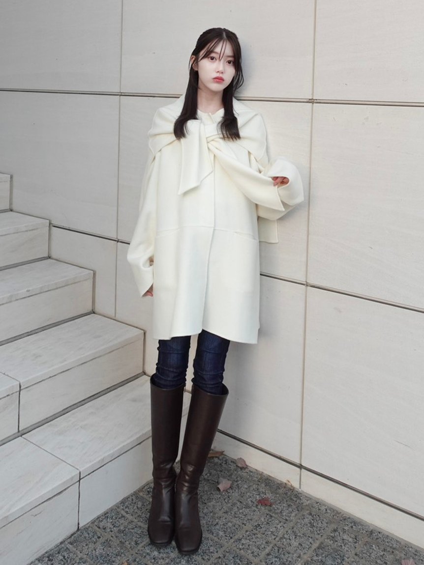 FRAY I.D マフラー付ノーカラーリバーミドルコート フレイ アイディー ジャケット・アウター ノーカラージャケット イエロー ホワイト【送料無料】のサムネイル