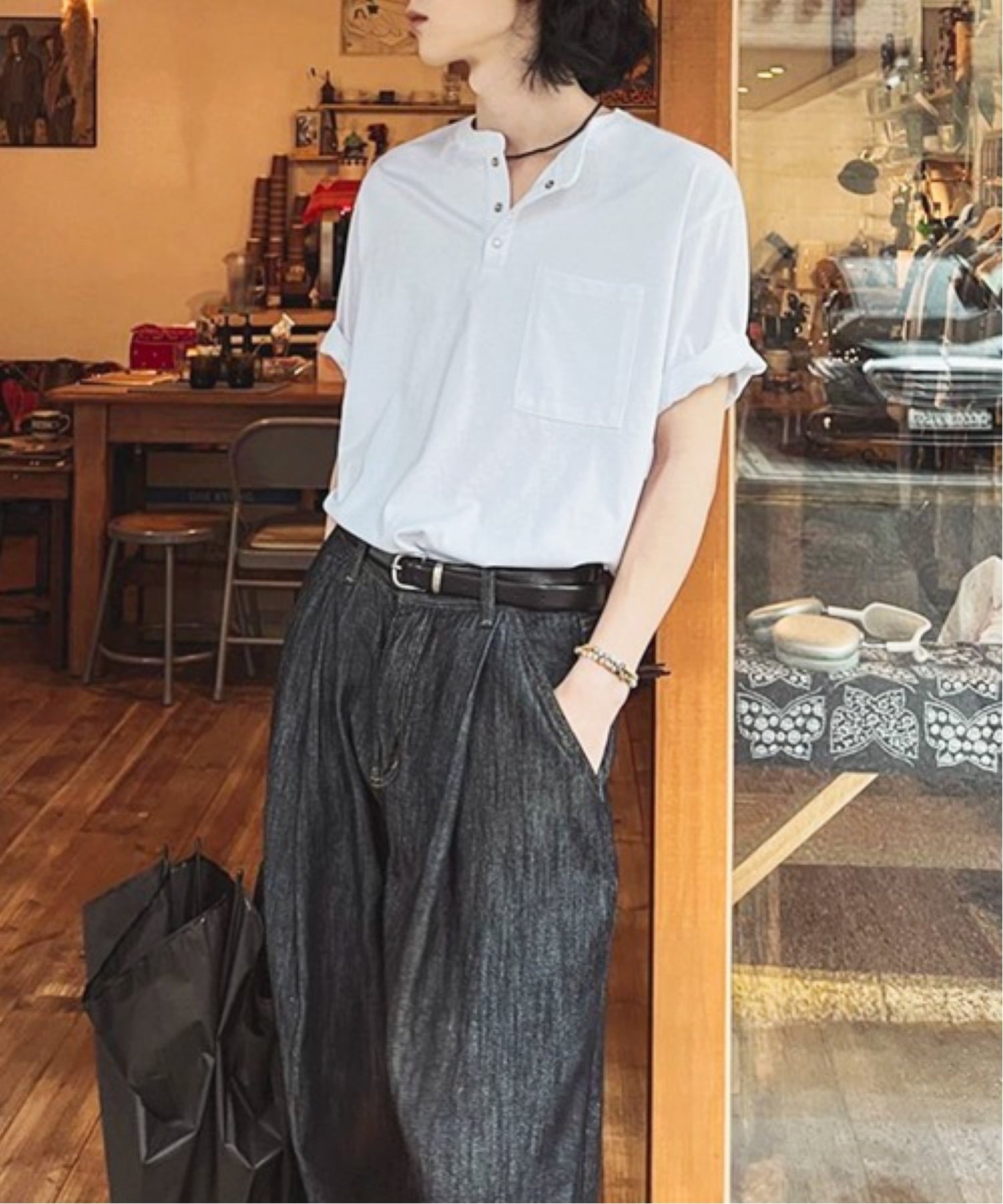 NOWLE NOWLE/(M)【NOWLE】スナップボタン ヘンリーネック 半袖 Tシャツ チェルカ トップス カットソー・Tシャツ グレー ホワイト