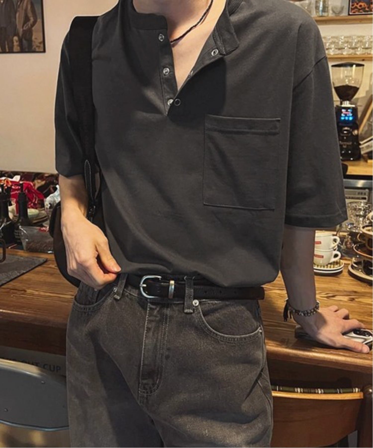 NOWLE NOWLE/(M)【NOWLE】スナップボタン ヘンリーネック 半袖 Tシャツ チェルカ トップス カットソー・Tシャツ グレー ホワイト