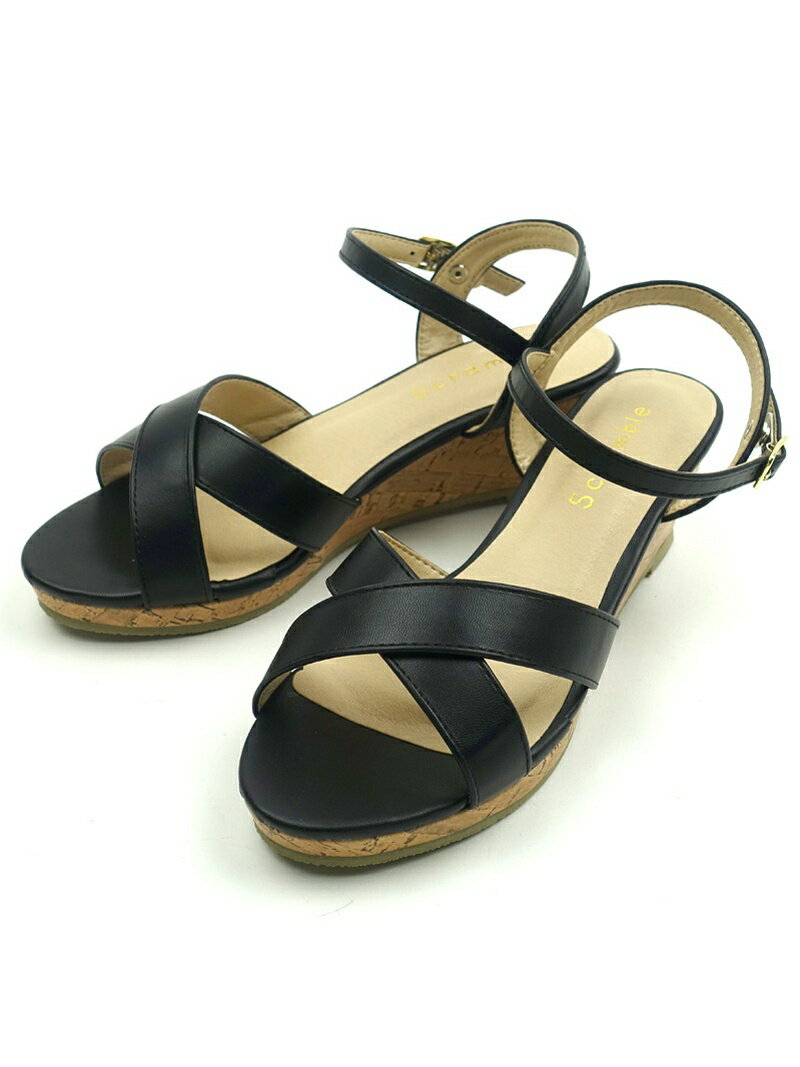 【SALE／74%OFF】Scramble クロスベルトコルクウェッジサンダル ウェッジヒール スクランブル シューズ・靴 サンダル ブラック シルバー ホワイトのサムネイル