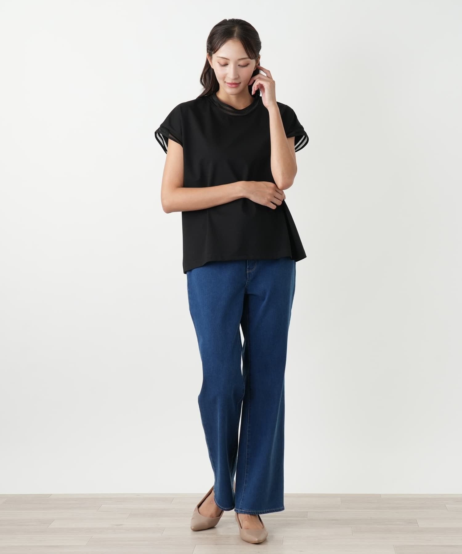 【SALE／52%OFF】Leilian PLUS HOUSE 【ウォッシャブル】ショートスリーブカットソー【NEMIKA】 レリアン　プラスハウス トップス カットソー・Tシャツ ブラック ホワイト【送料無料】