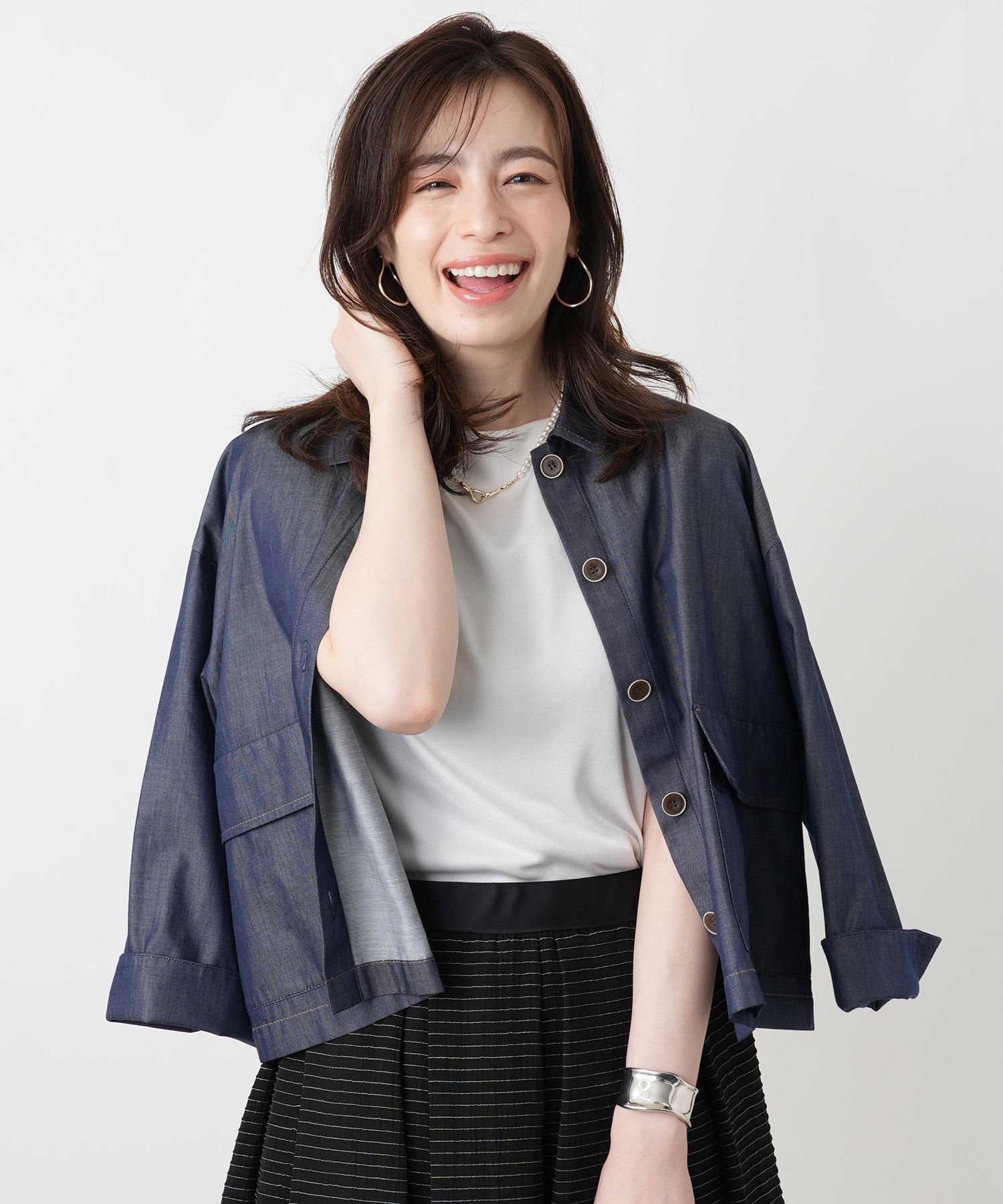 Leilian ドロップショルダーデニムブラウス レリアン トップス シャツ・ブラウス ネイビー