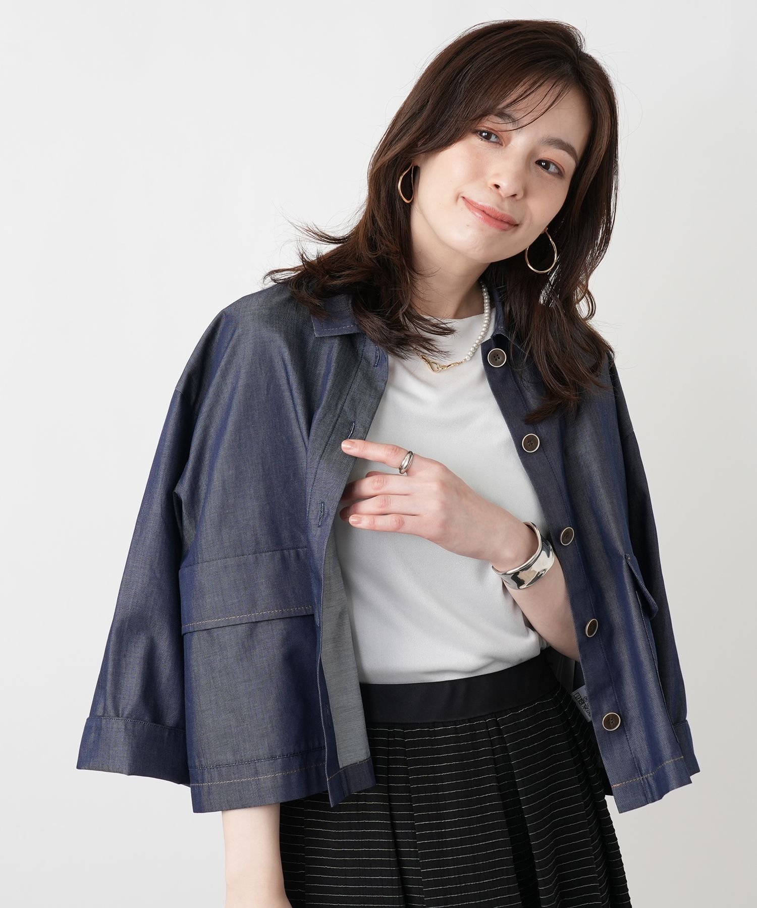 Leilian ドロップショルダーデニムブラウス レリアン トップス シャツ・ブラウス ネイビー