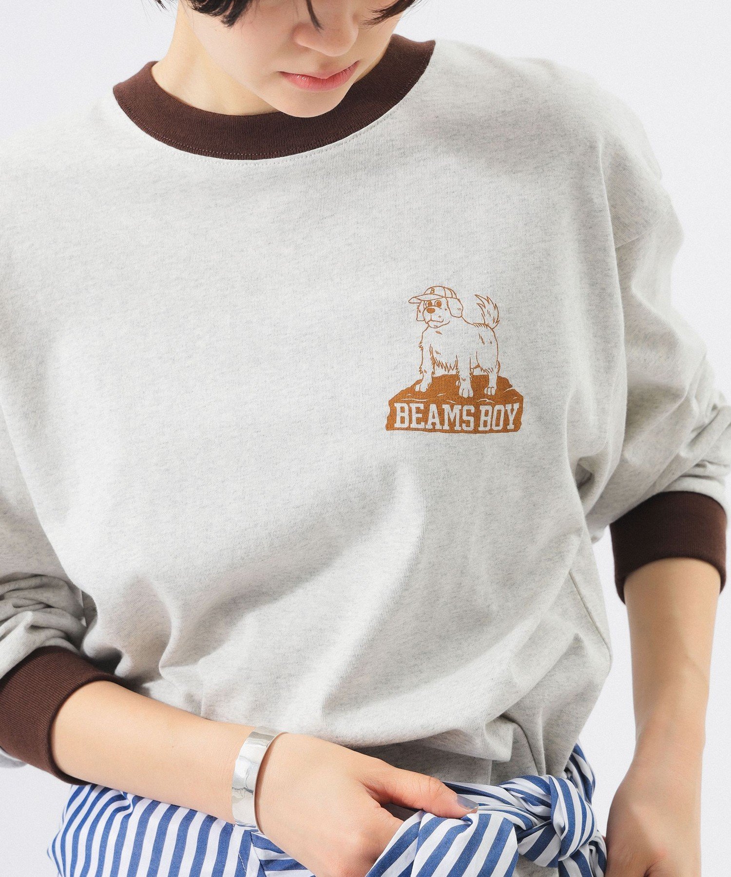 【別注】Champion / BOYロゴ リンガーTシャツ ビームス ウイメン トップス カットソー・Tシャツ ホワイト グレー