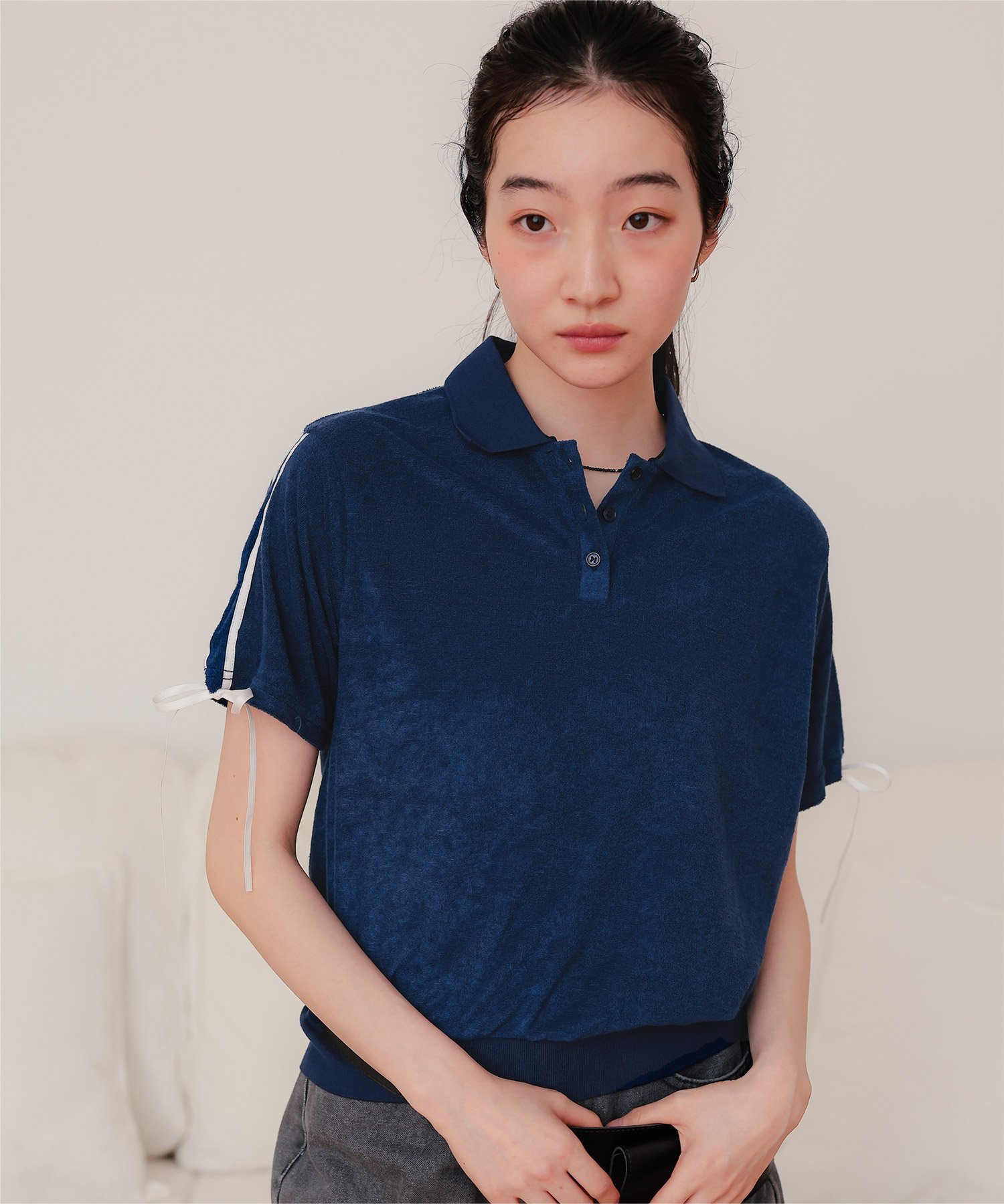 miette 配色リボン パイル トップス リボンデザイン ポロトップス ポロ バイカラー ティティベイト トップス カットソー・Tシャツ ネイビー ホワイト