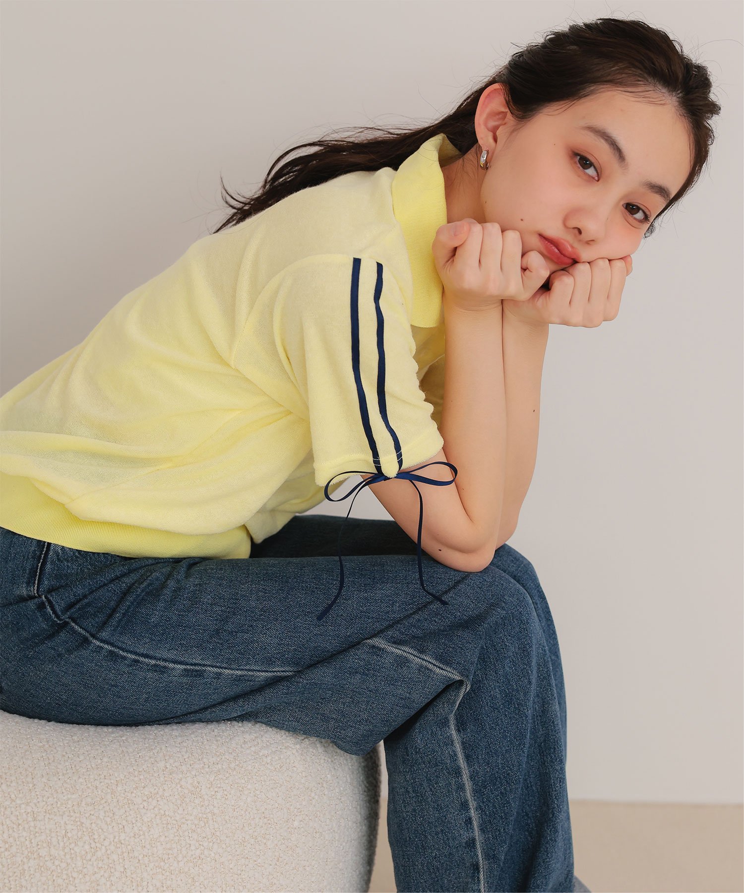 miette 配色リボン パイル トップス リボンデザイン ポロトップス ポロ バイカラー ティティベイト トップス カットソー・Tシャツ ネイビー ホワイト