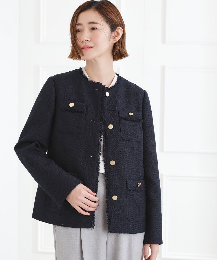 grove ミドルツイードジャケット グローブ ジャケット・アウター ノーカラージャケット ブラック ネイビー ブルー【送料無料】