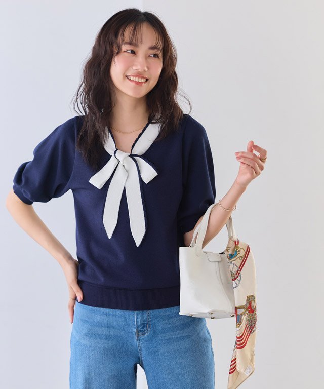 Pierrot スカラップ配色タイリボンニット ピエロ トップス ニット ホワイト