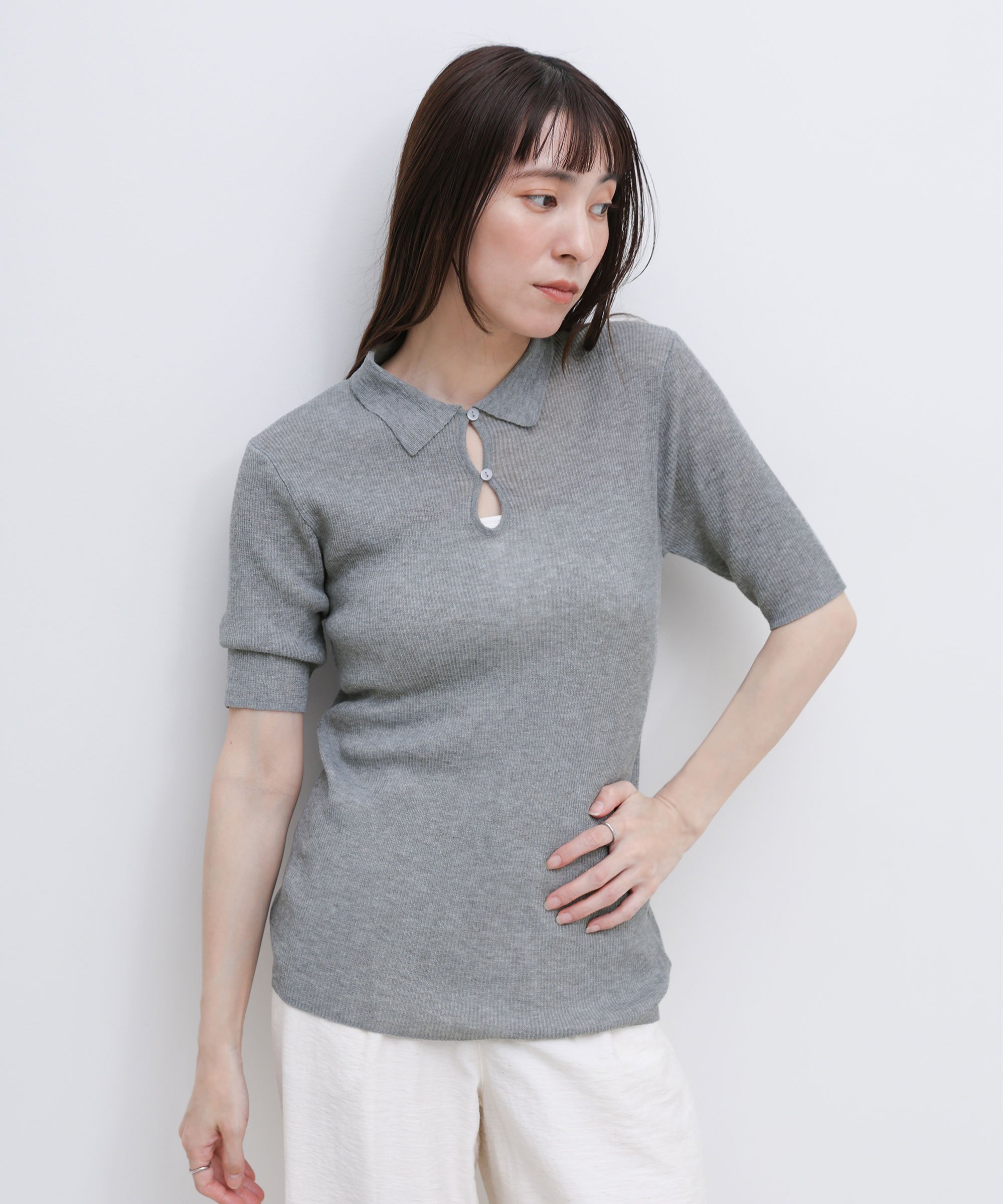SELECT MOCA ドロップデザインシアーリブポロニット セレクトモカ トップス ニット