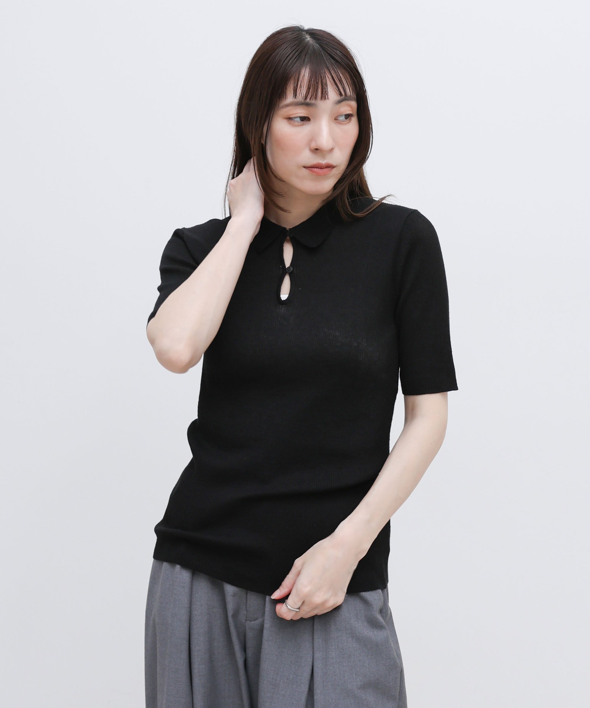 SELECT MOCA ドロップデザインシアーリブポロニット セレクトモカ トップス ニット