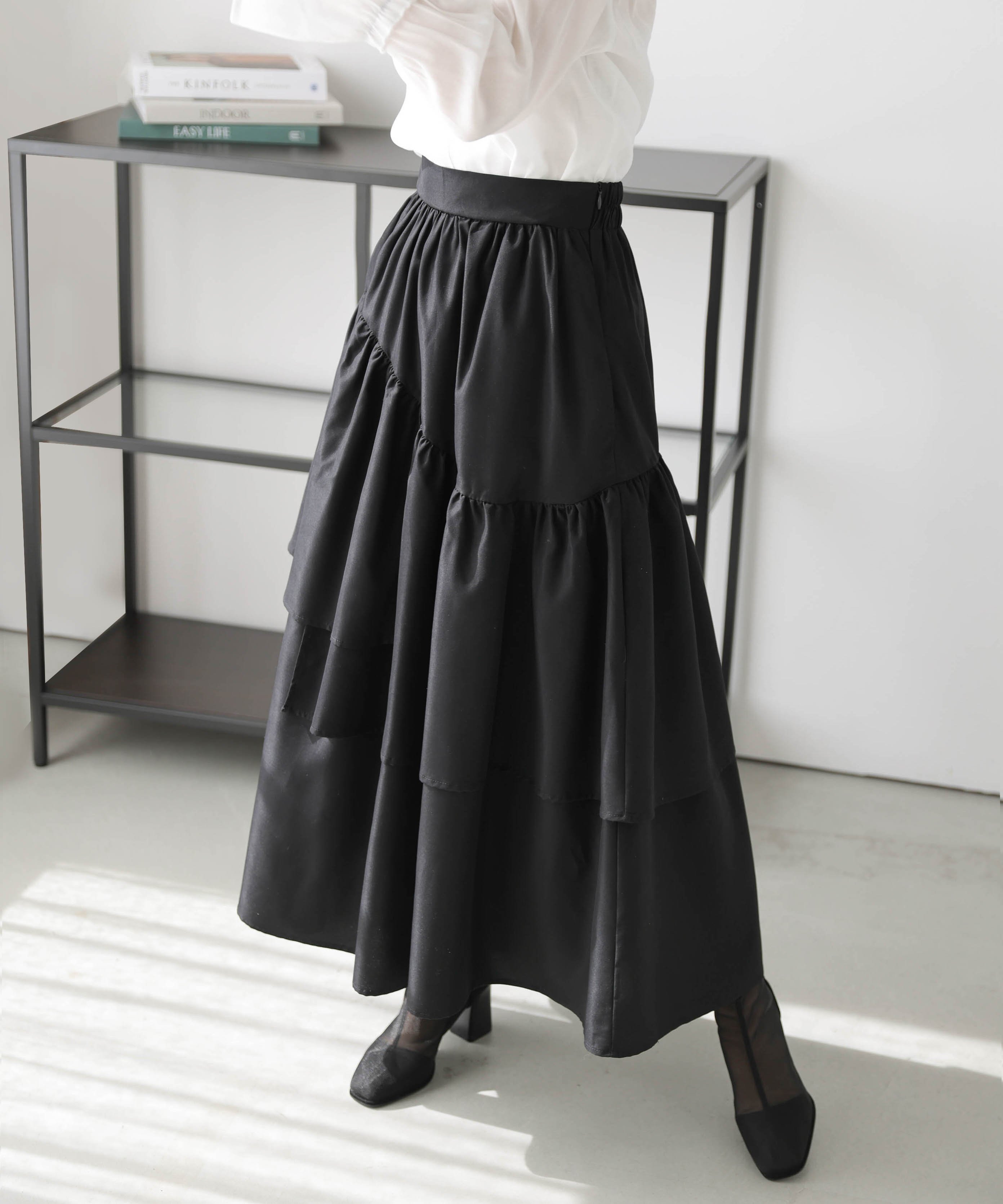 La-gemme アシンメトリーティアードスカート ラジュール スカート ロング・マキシスカート ブラック ベージュ