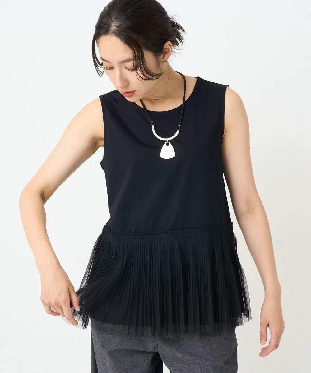 【SALE／50%OFF】GEORGES RECH [接触冷感/遮熱]チュールプリーツタンクトップ ジョルジュ・レッシュ トップス ノースリーブ・タンクトップ ホワイト ブラック【送料無料】