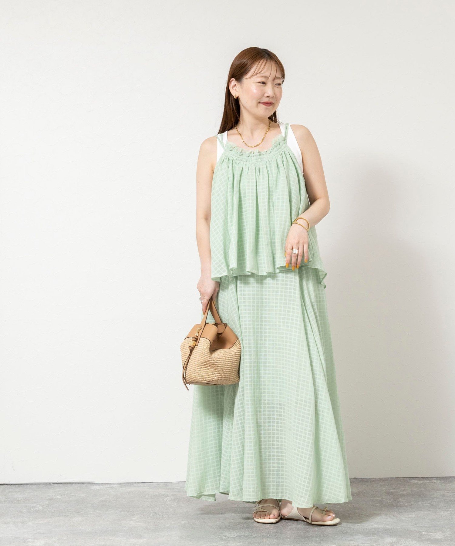 【WALANCE/ワランス】natural dye sheer cotton check gather camisole ノーリーズ トップス シャツ・ブラウス レッド グリーン