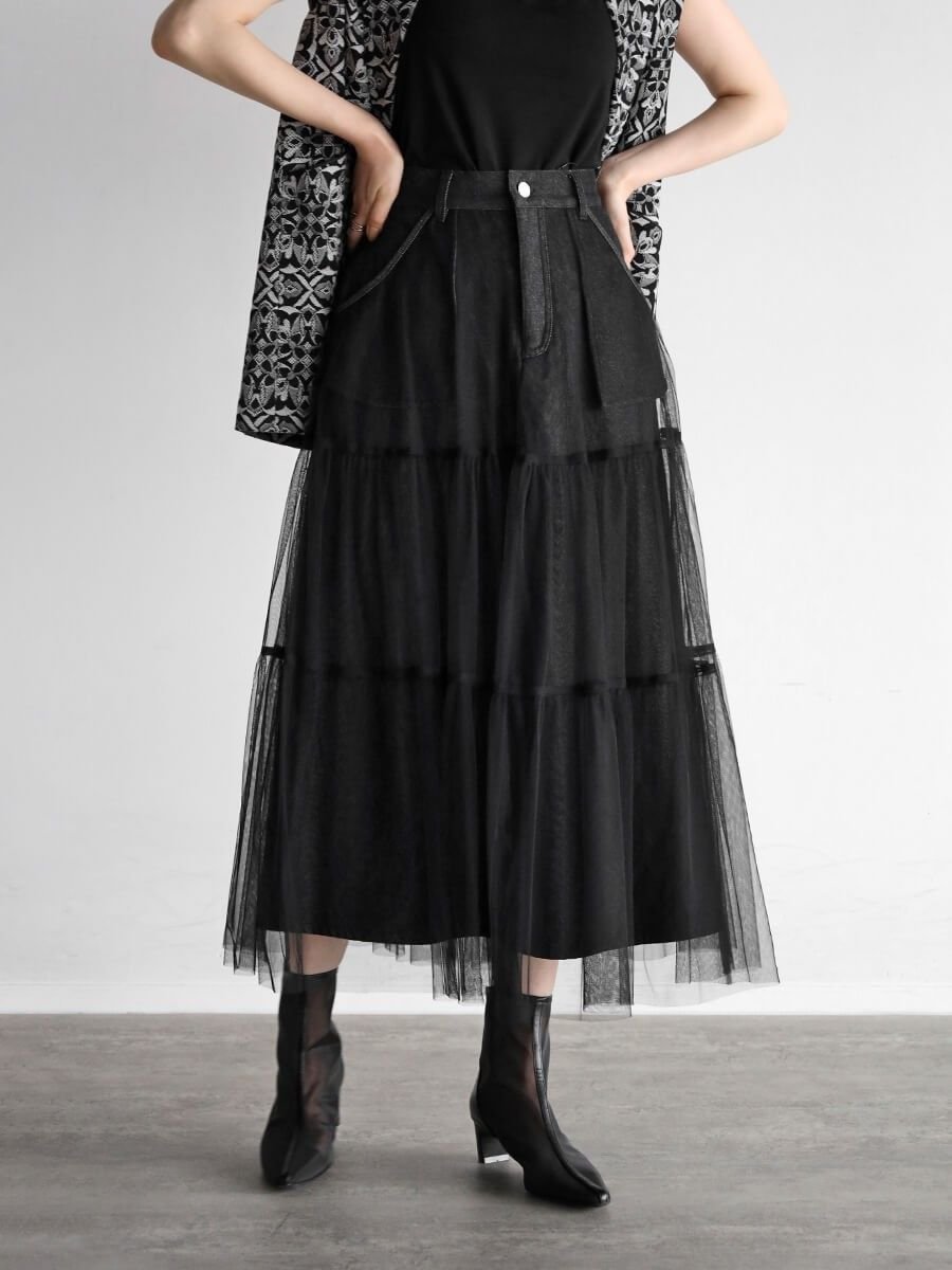 LASUD チュールレイヤードデニムスカート ラシュッド スカート ロング・マキシスカート ブラック ネイビー【送料無料】のサムネイル