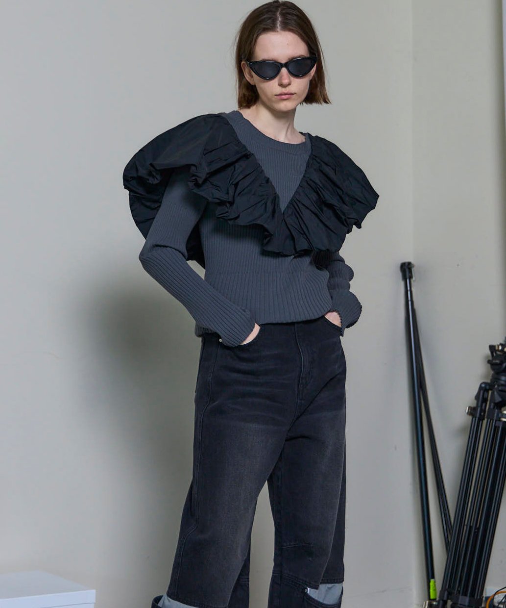 MAISON SPECIAL Puff Sleeve Docking Tops メゾンスペシャル トップス ニット グレー ブラック【送料無料】のサムネイル