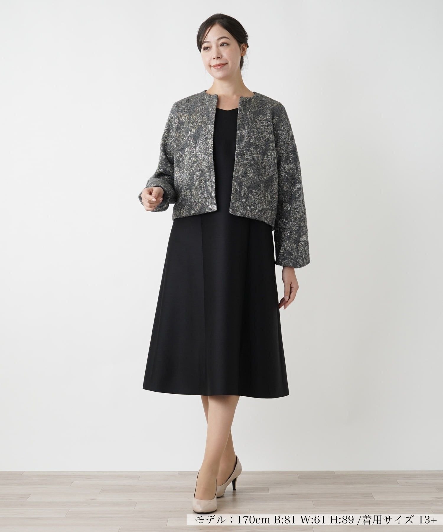 Leilian PLUS HOUSE ノーカラーニットジャケット【BOURGE】 レリアン プラスハウス ジャケット・アウター テーラードジャケット・ブレザー グレー