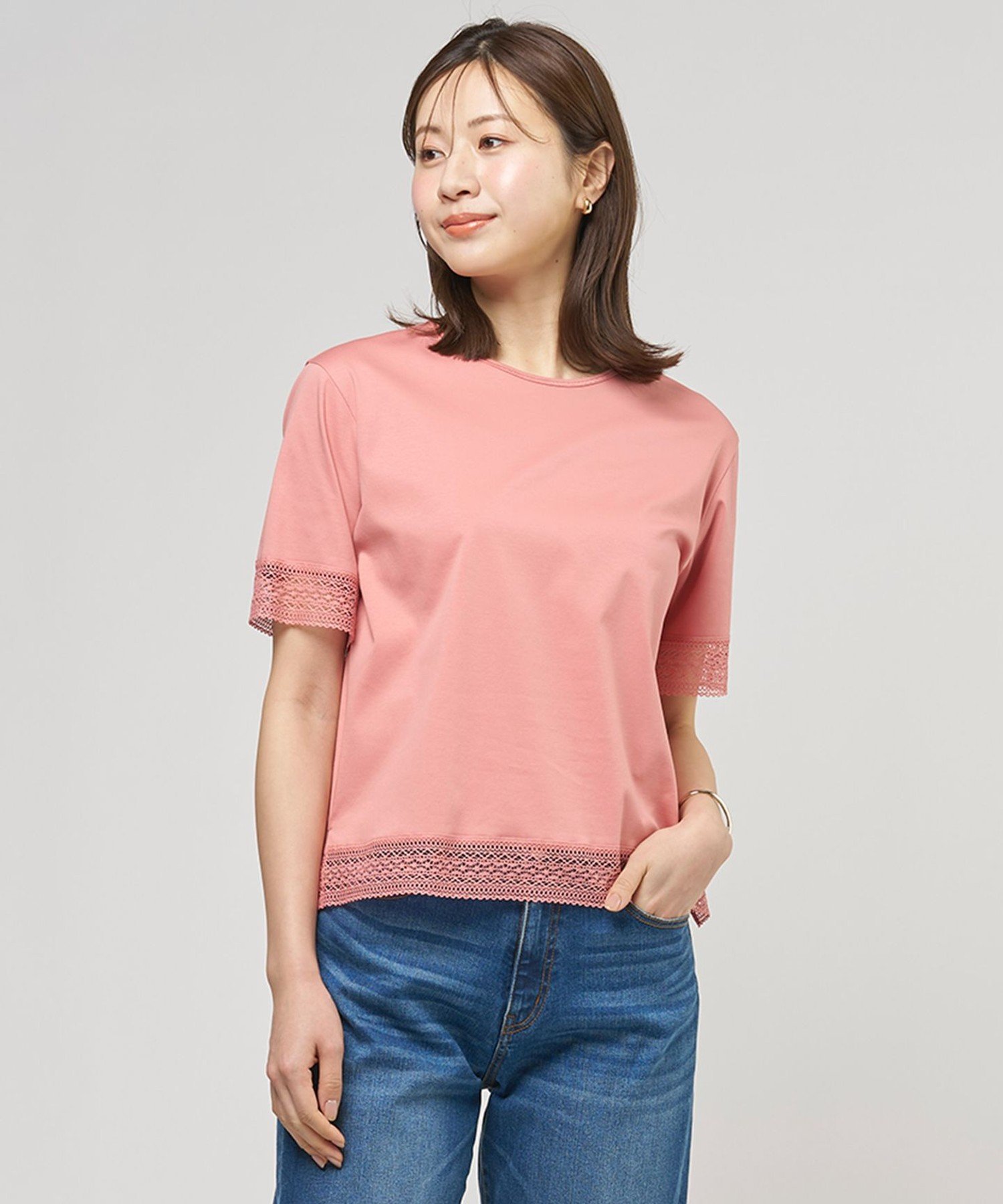 J.PRESS 【一枚で着映え】コットンスムース レース カットソー ジェイプレス トップス カットソー・Tシャツ ネイビー ホワイト グレー ブルー グリーン