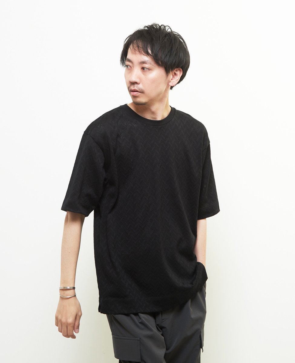 MEN'S MELROSE ヘリンボーンメッシュハーフスリーブTシャツ メンズメルローズ トップス カットソー・Tシャツ ブラック ホワイト