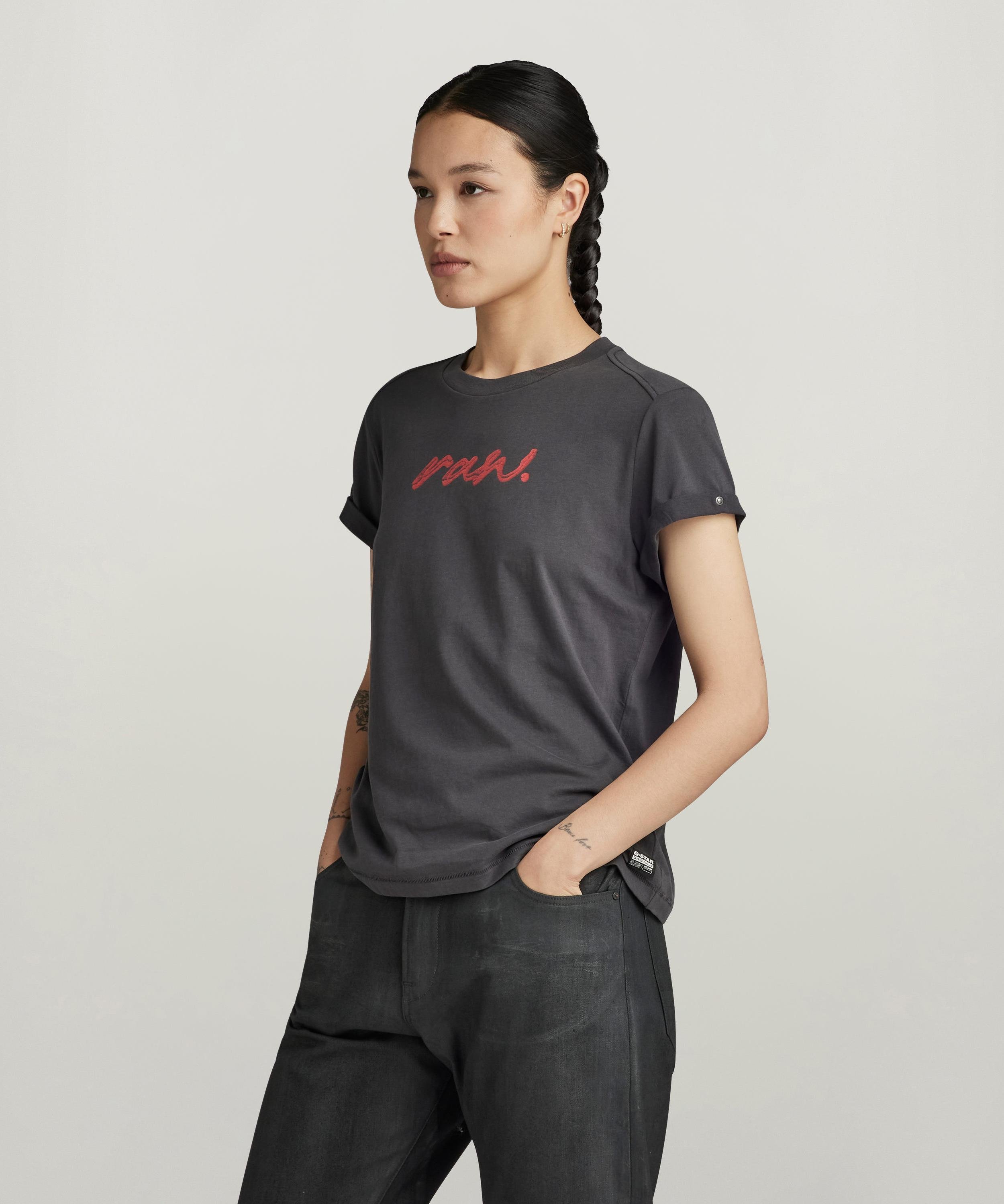 【公式ショップ】RAW DOT TOP/ブランドロゴグラフィックプリントTシャツ ジースターロゥ トップス カットソー・Tシャツ グレー
