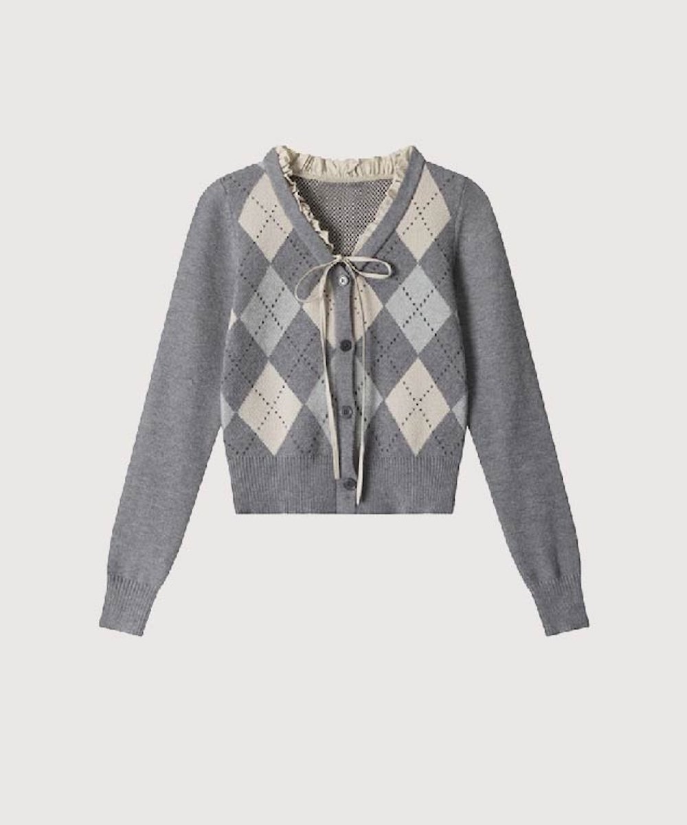LA POMME petit Argyle Frill Cardigan ラポミ・プチ トップス カーディガン レッド グレー【送料無料】のサムネイル