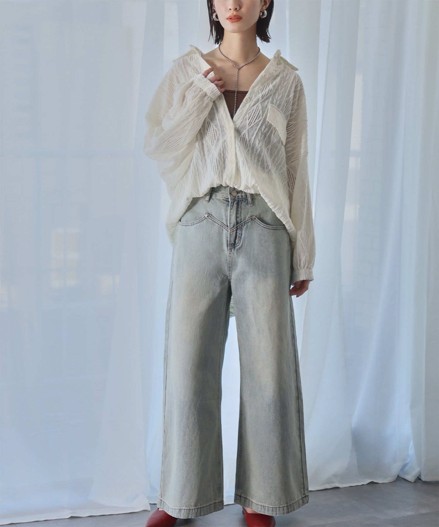 Ampirula ウエスト切替えデザインワイドデニムパンツ リバーフィールド アンド コー パンツ ジーンズ・デニムパンツ ブルー【送料無料】