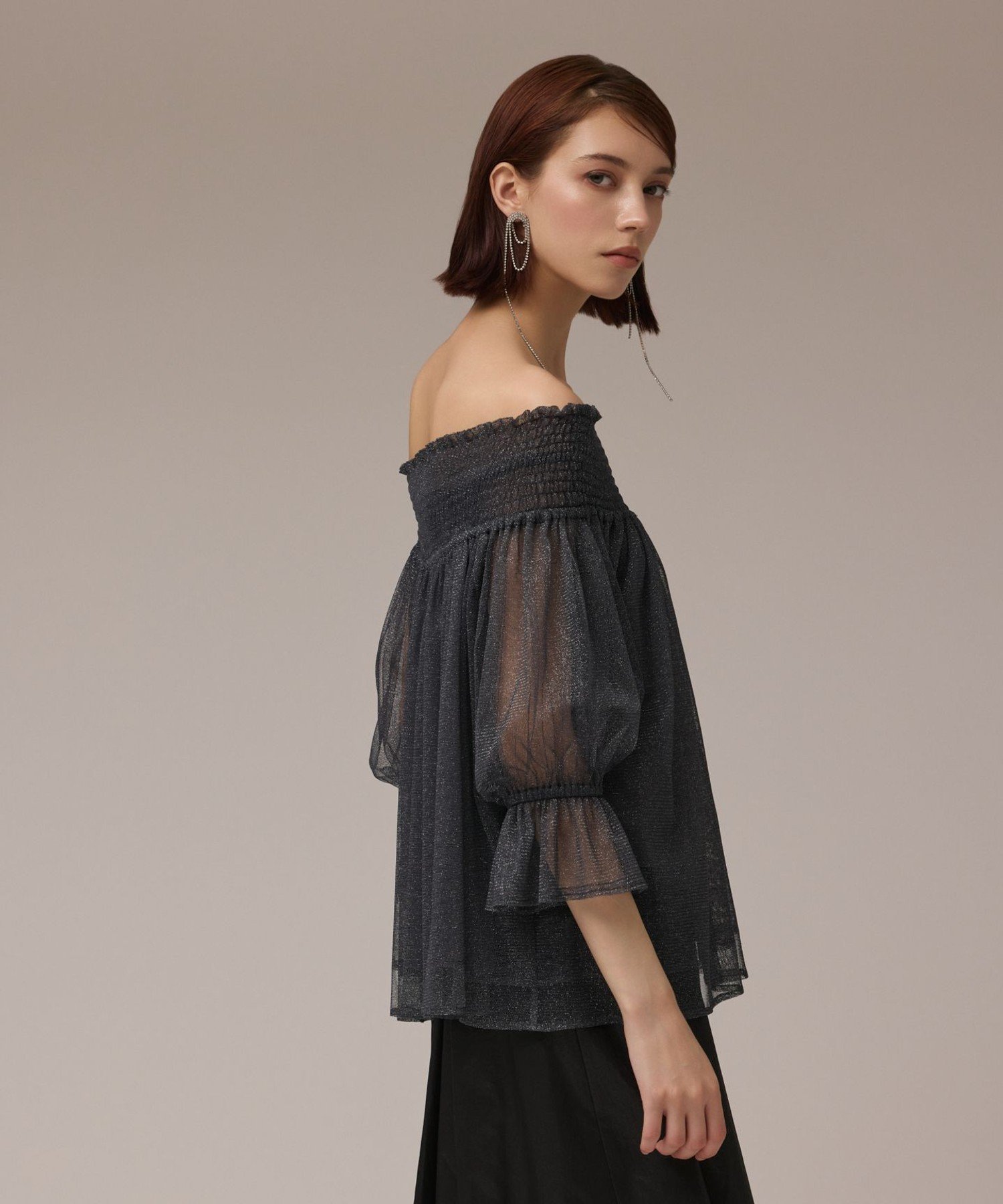 【SALE／40%OFF】GRACE CONTINENTAL チュールシャーリングトップ グレースコンチネンタル トップス シャツ・ブラウス ネイビー グレー【送料無料】