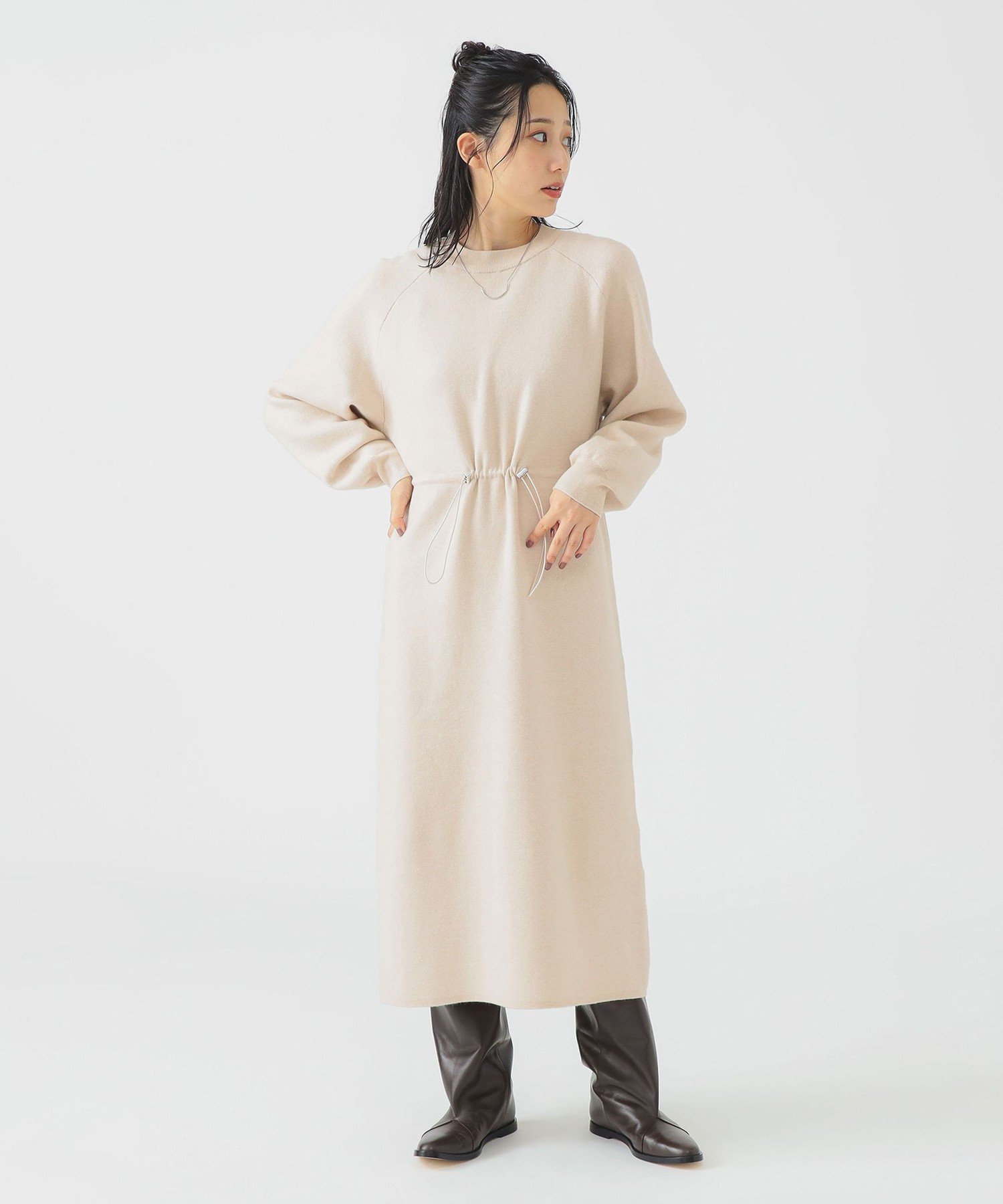 B:MING by BEAMS ニット ドローストリング ワンピース 25AW きれいめ シンプル 楽ちん ワンマイル 暖かい 冬素材 ビーミング ライフストア バイ ビームス ワンピース・ドレス ワンピース ベージュ【送料無料】