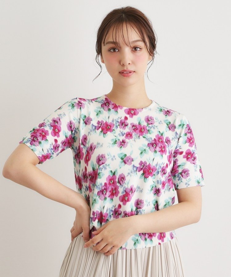 LAURA ASHLEY 【洗える/5分袖/同柄・同素材アイテムあり】フリーサム ヘイズ柄 プリントニット ローラ アシュレイ トップス ニット ホワイト ブルー