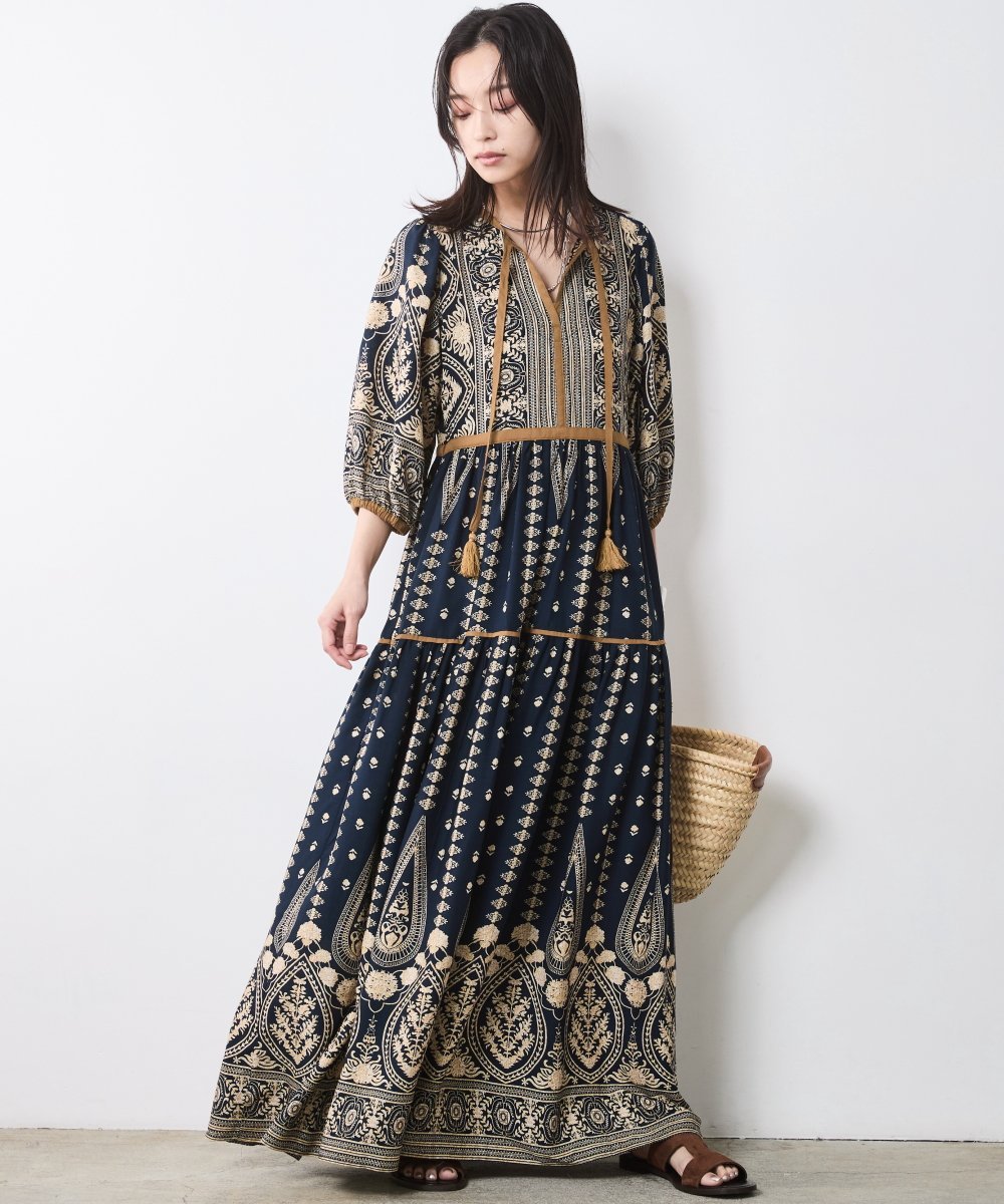 CHIC STYLE エスニックパネルプリントマキシワンピース＜大きいサイズ有＞シックスタイル シックスタイル ワンピース・ドレス ワンピース ネイビー ブルー【送料無料】