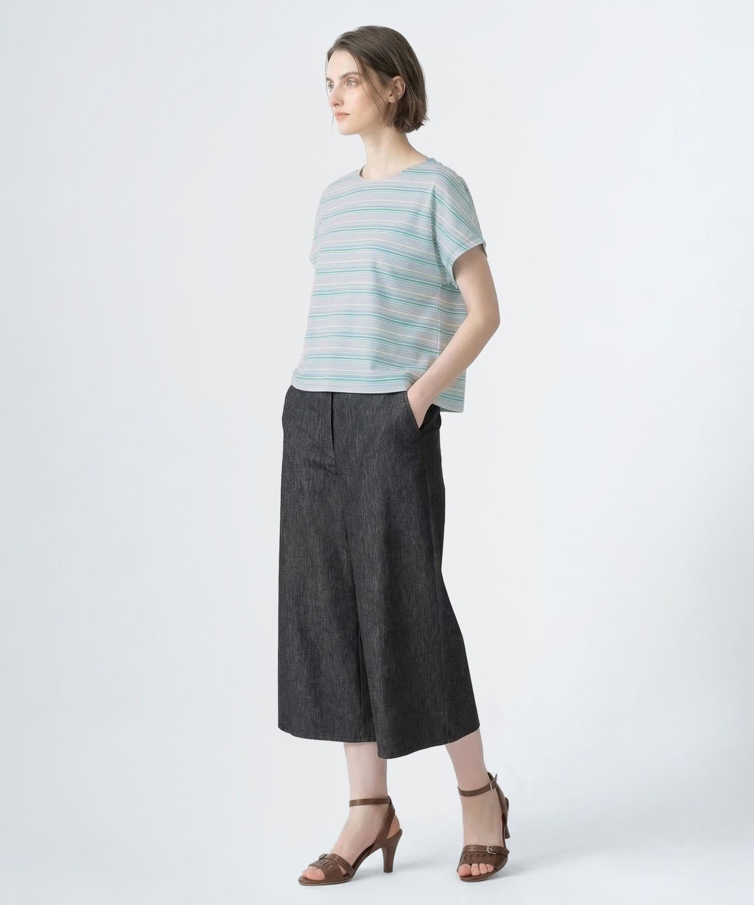 SCAPA ラメボーダーフレンチスリーブカットソー スキャパ トップス カットソー・Tシャツ グレー
