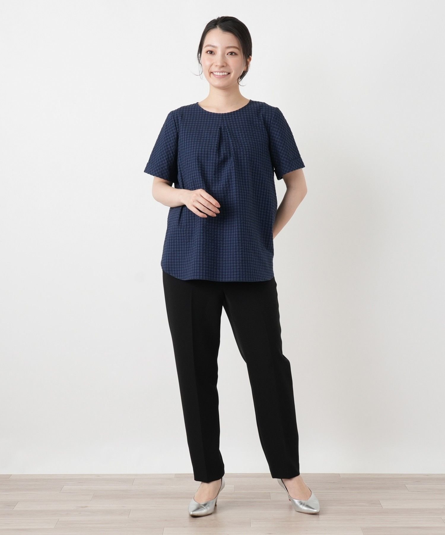 Leilian チェック柄タックブラウス【Leilian WHITE LABEL】 レリアン トップス シャツ・ブラウス ネイビー レッド