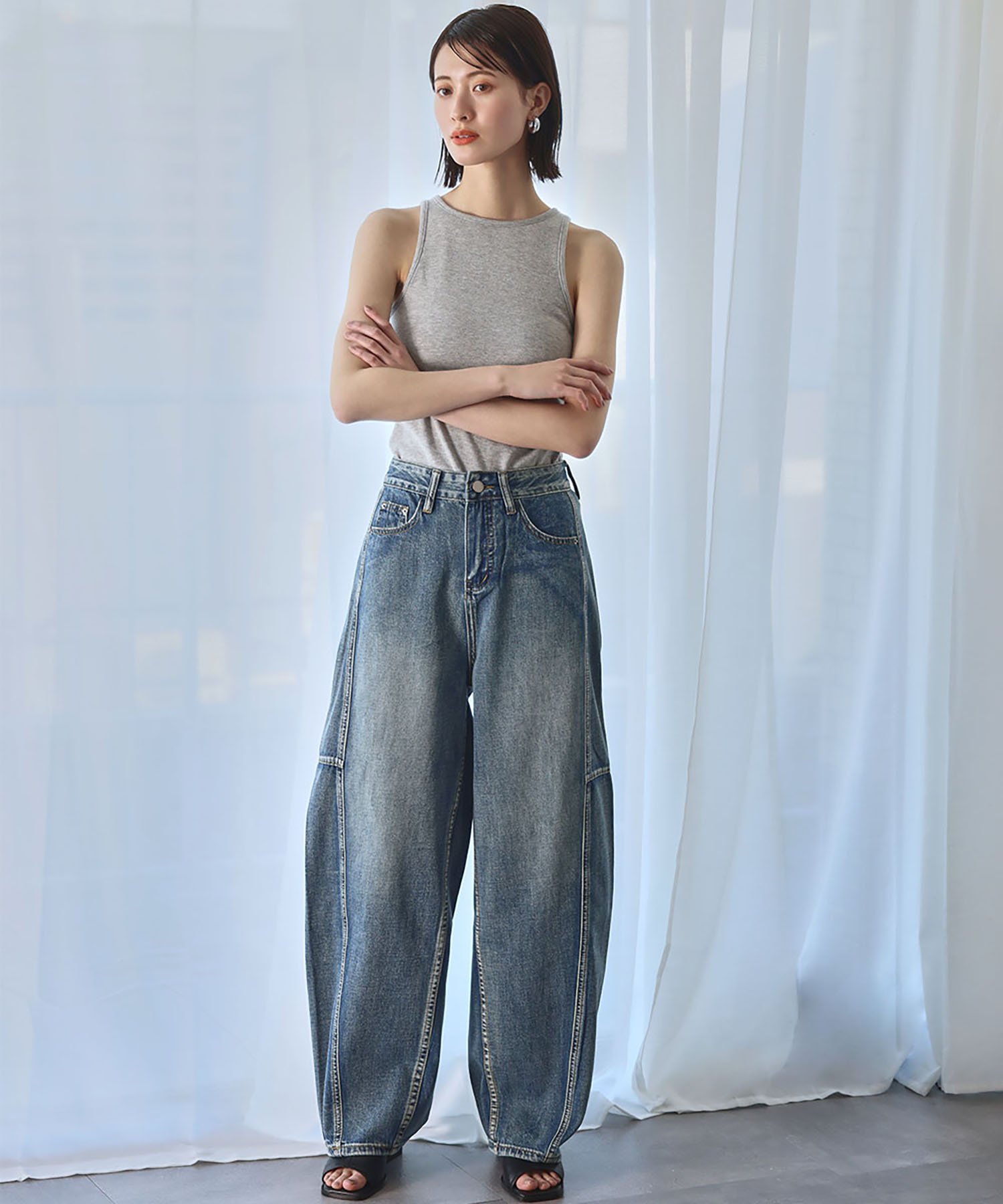 Ampirula バレルレッグサイド切替デニムパンツ リバーフィールド アンド コー パンツ ジーンズ・デニムパンツ ホワイト ブルー【送料無料】