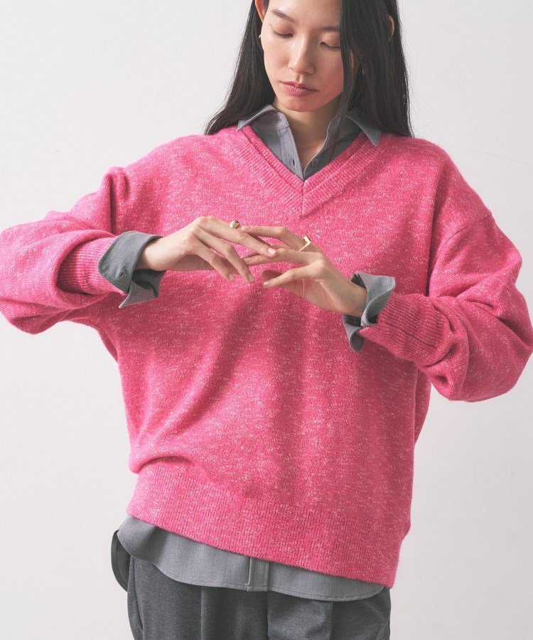 【再入荷】レイヤーネックメランジラメニット ギャレスト トップス ニット ブラック ブラウン ピンク ブルー