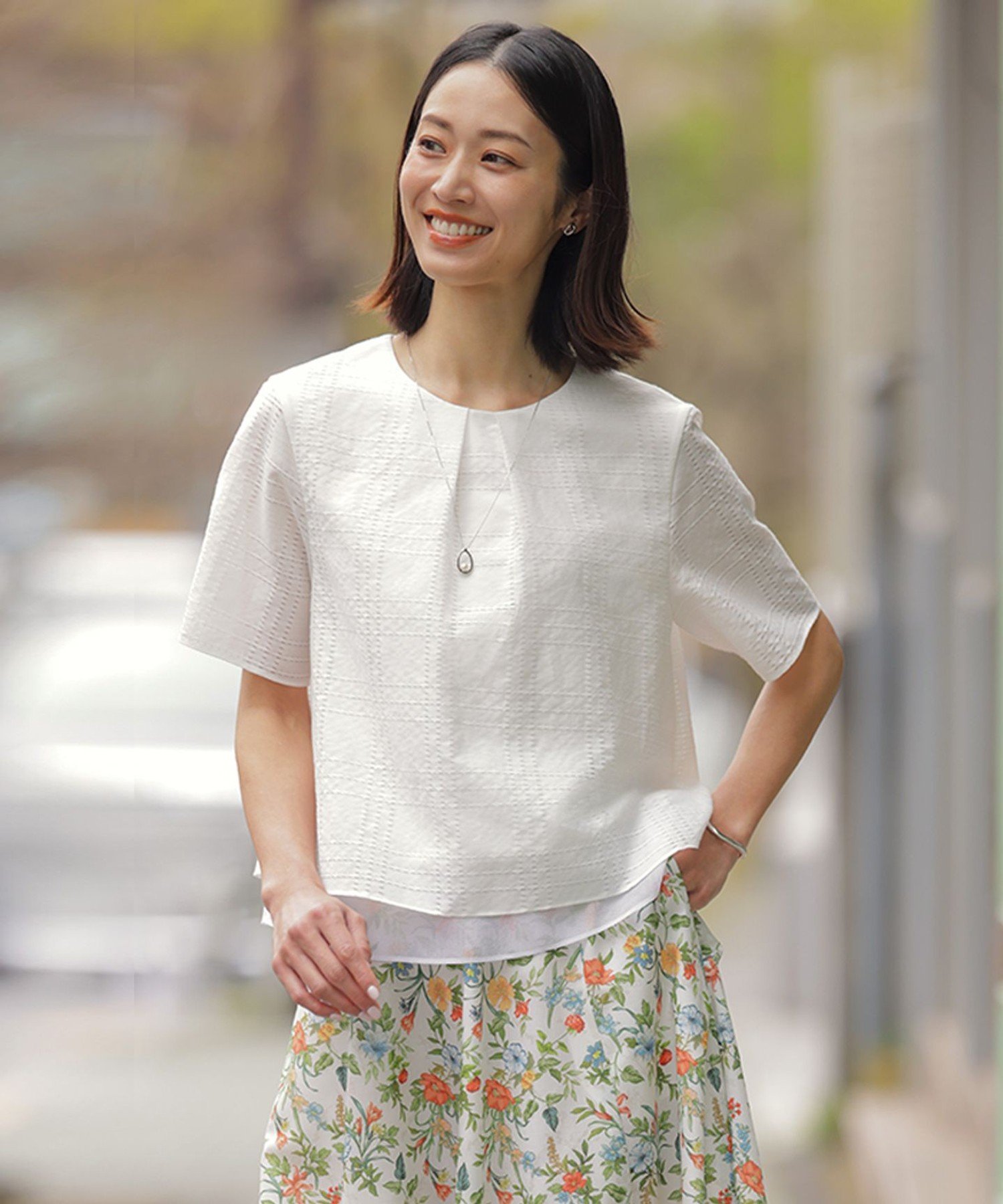 J.PRESS LADIES L レーシーチェック クルーネック カットソー ジェイプレス トップス カットソー・Tシャツ ホワイト