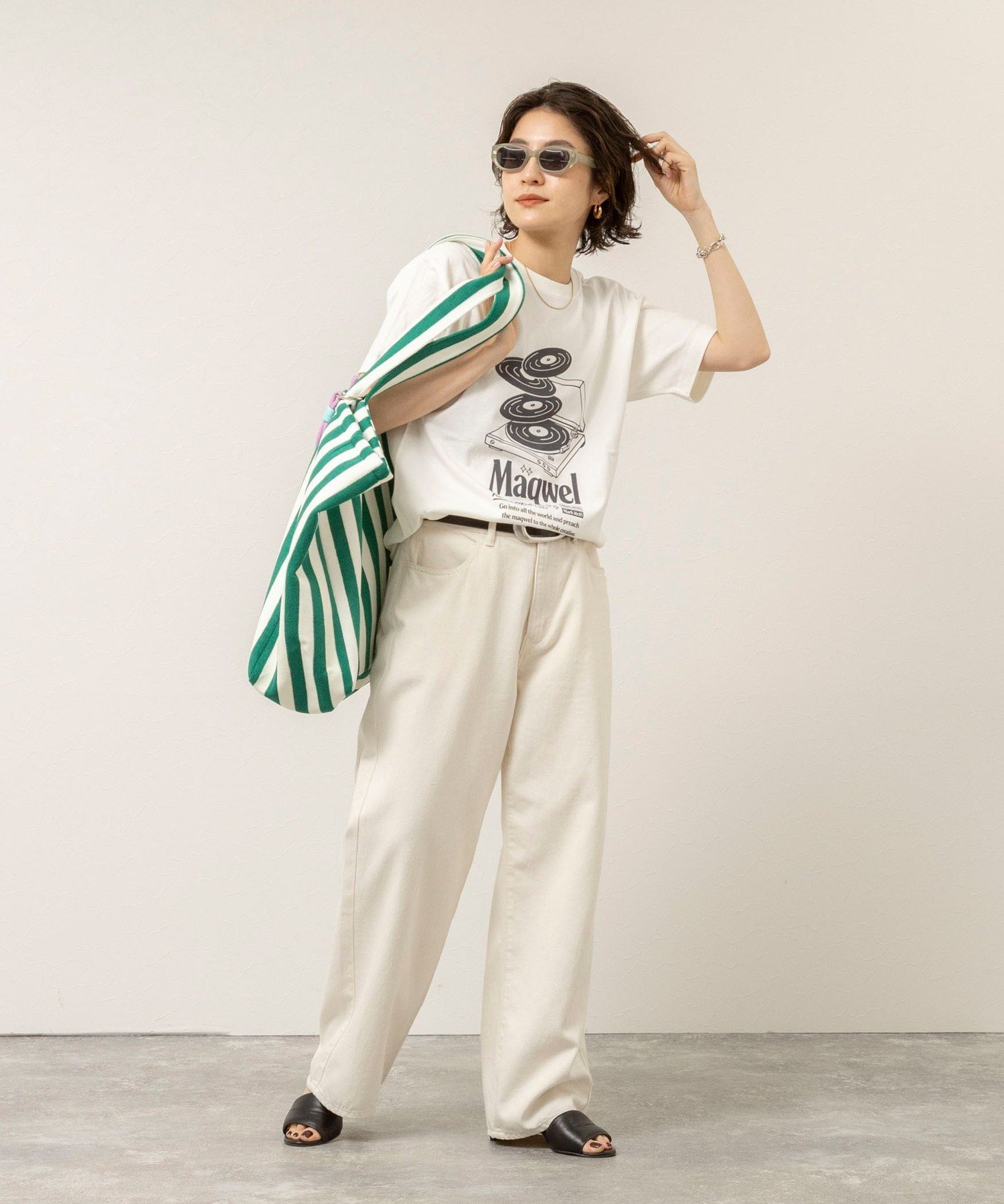 MAQWEL 【MAQWEL/マクウェル】ウォッシャブル Maqwel RECORDS オープンエンドプリントTシャツ ノーリーズ トップス カットソー・Tシャツ ブラウン ホワイト