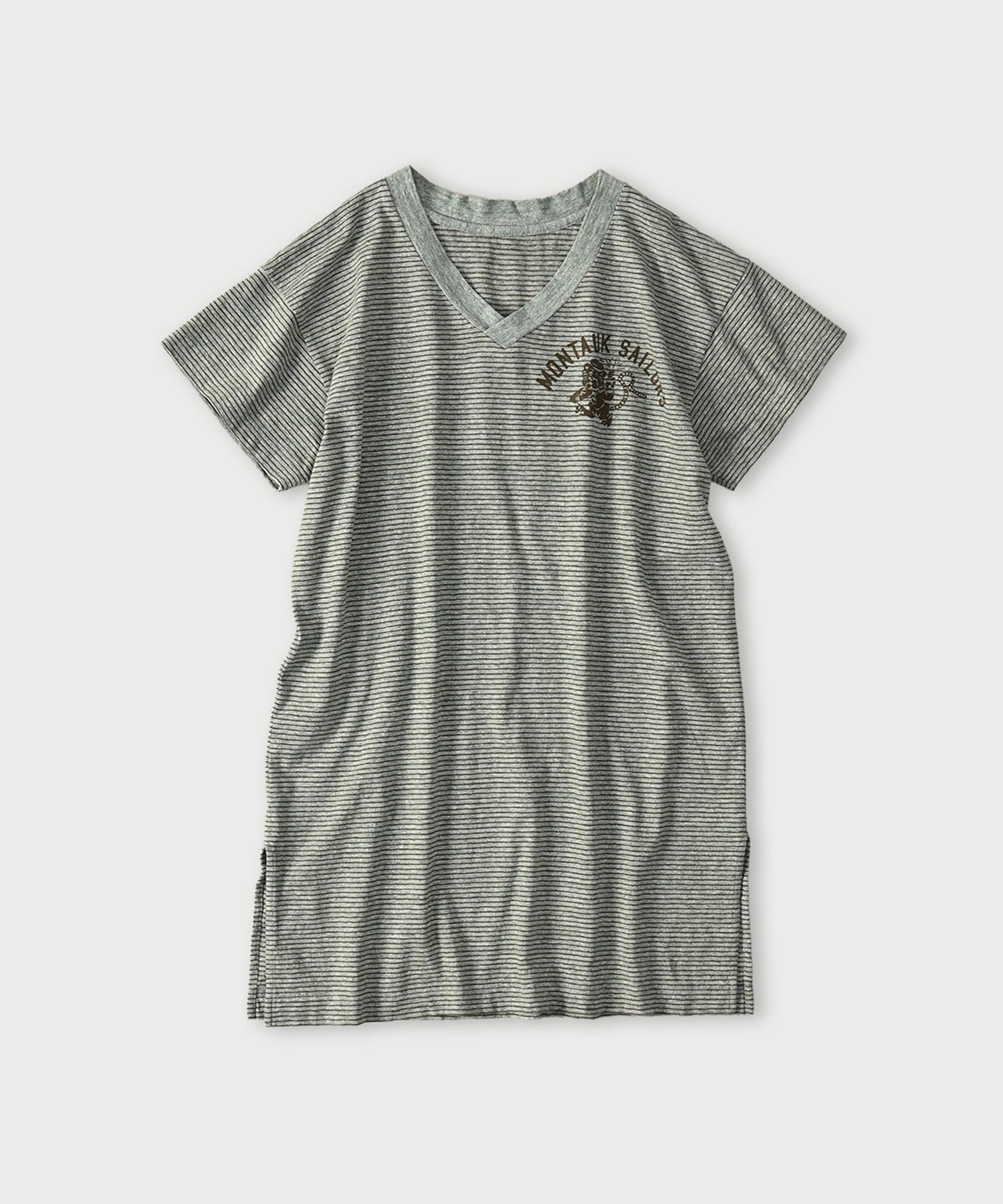 45R 天竺ボーダーのVネックチュニック(トップ) フォーティファイブアール トップス カットソー・Tシャツ ピンク カーキグリーン