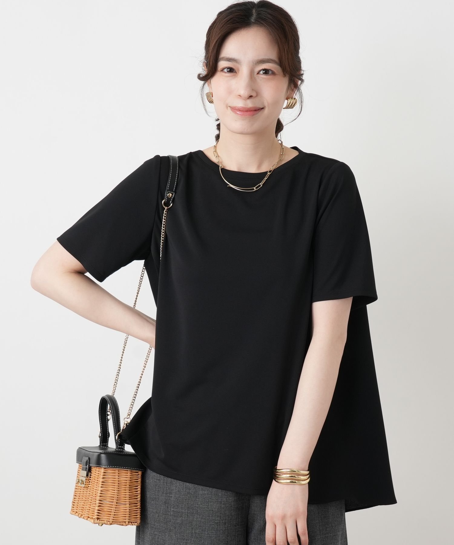 Leilian 異素材切替テールカットヘムカットソー【Leilian WHITE LABEL】 レリアン トップス カットソー・Tシャツ ネイビー ブラック ホワイト
