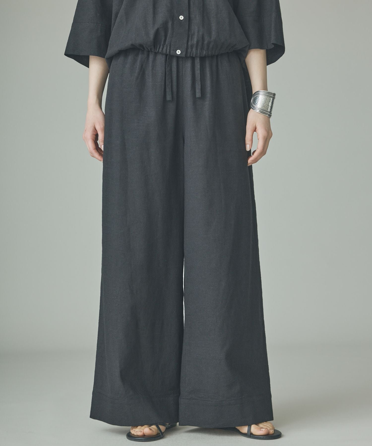 Curensology リネンミックスドロストパンツ カレンソロジー パンツ その他のパンツ ベージュ ブラック【送料無料】