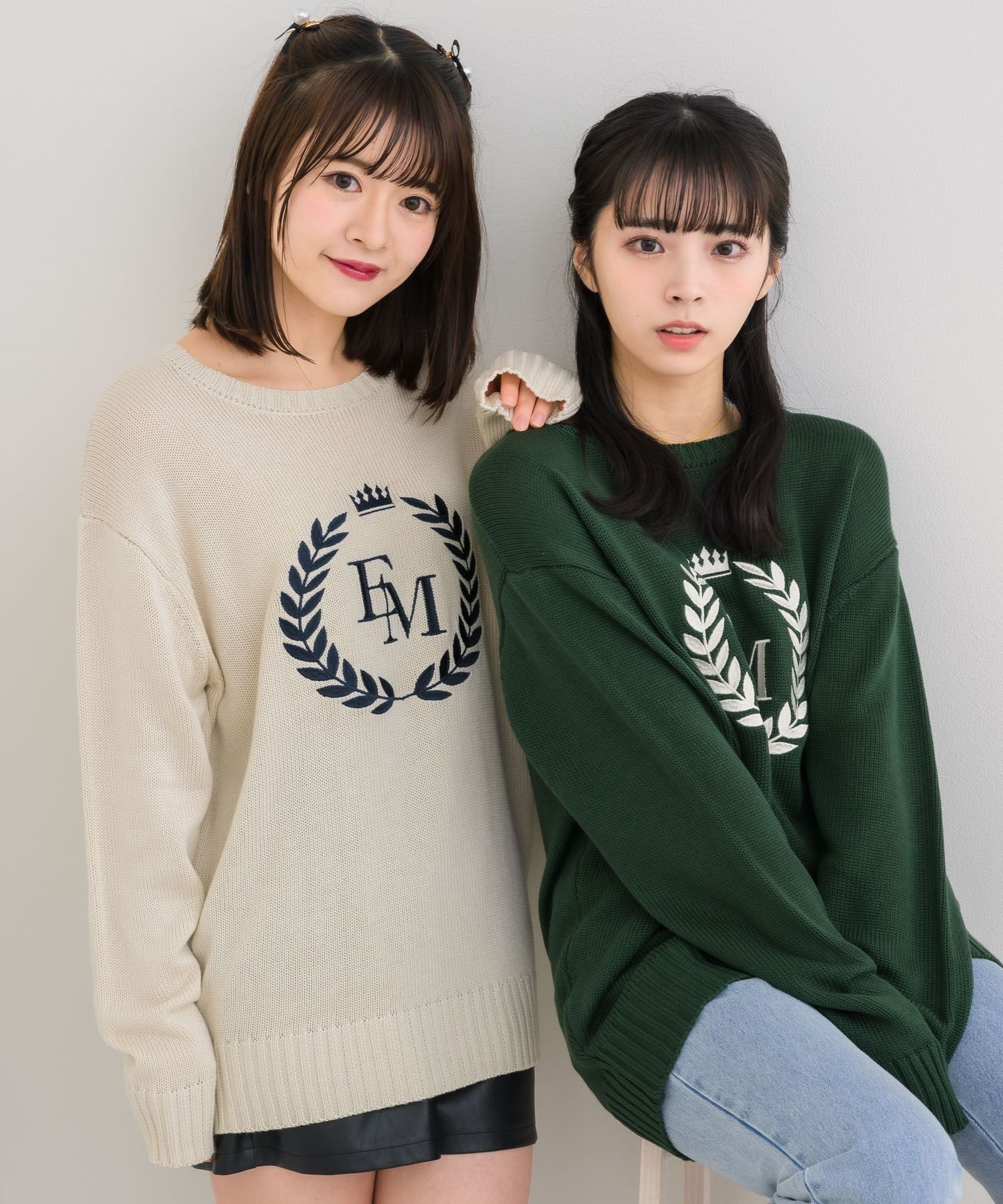 【SALE／50%OFF】ems excite エンブレム刺繍BIGNT レトロガール トップス ニット ホワイト ベージュ グリーン