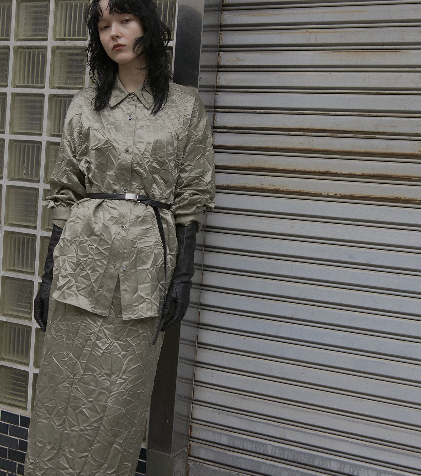 LE CIEL BLEU リンクルウォッシュサテンスカート / Wrinkled Washed Satin Skirt ルシェルブルー スカート ミディアムスカート カーキグリーン ホワイト