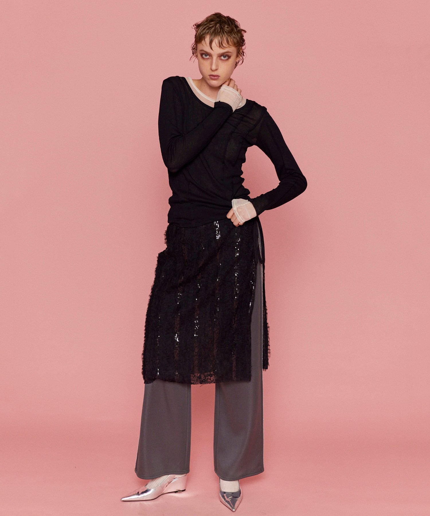 MAISON SPECIAL Multi Fabric Glitter Flower Wrap Skirt メゾンスペシャル スカート ミディアムスカート ブラック ホワイト