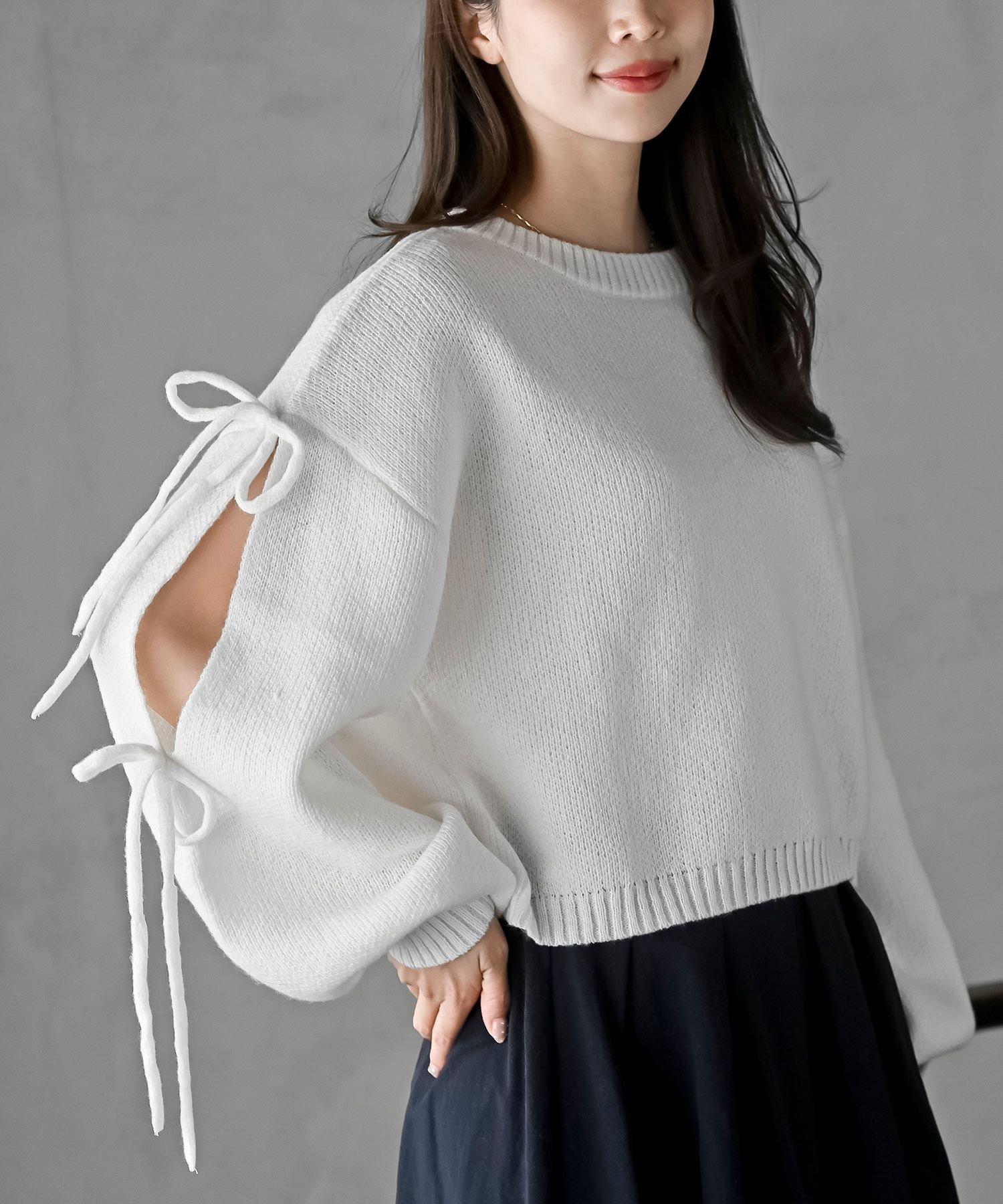 rps 袖リボンニットプルオーバー アールピーエス トップス ニット ワインレッド グレー ホワイトのサムネイル