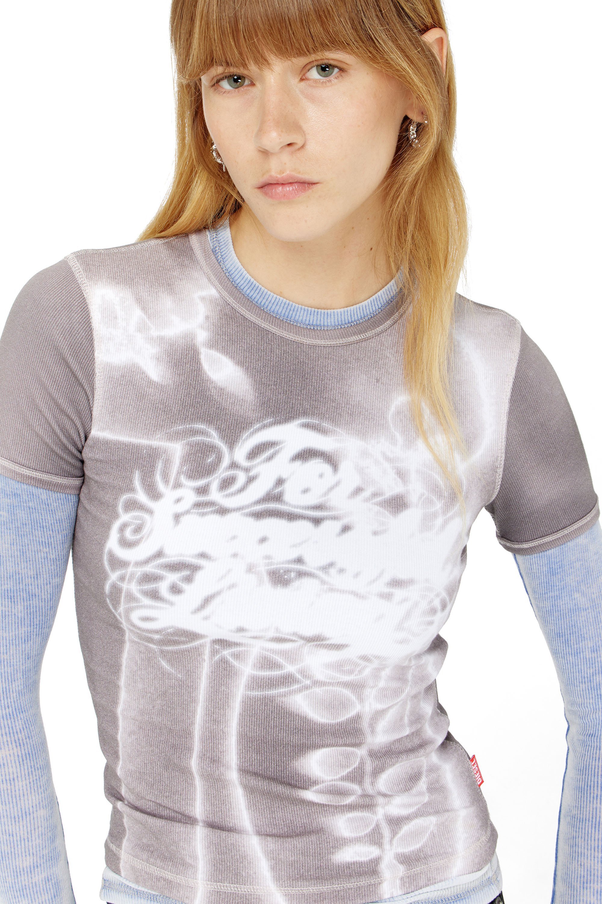 ウィメンズ 半袖トップ T-ELE-LONG-AA4 ディーゼル トップス カットソー・Tシャツ ピンク グレー