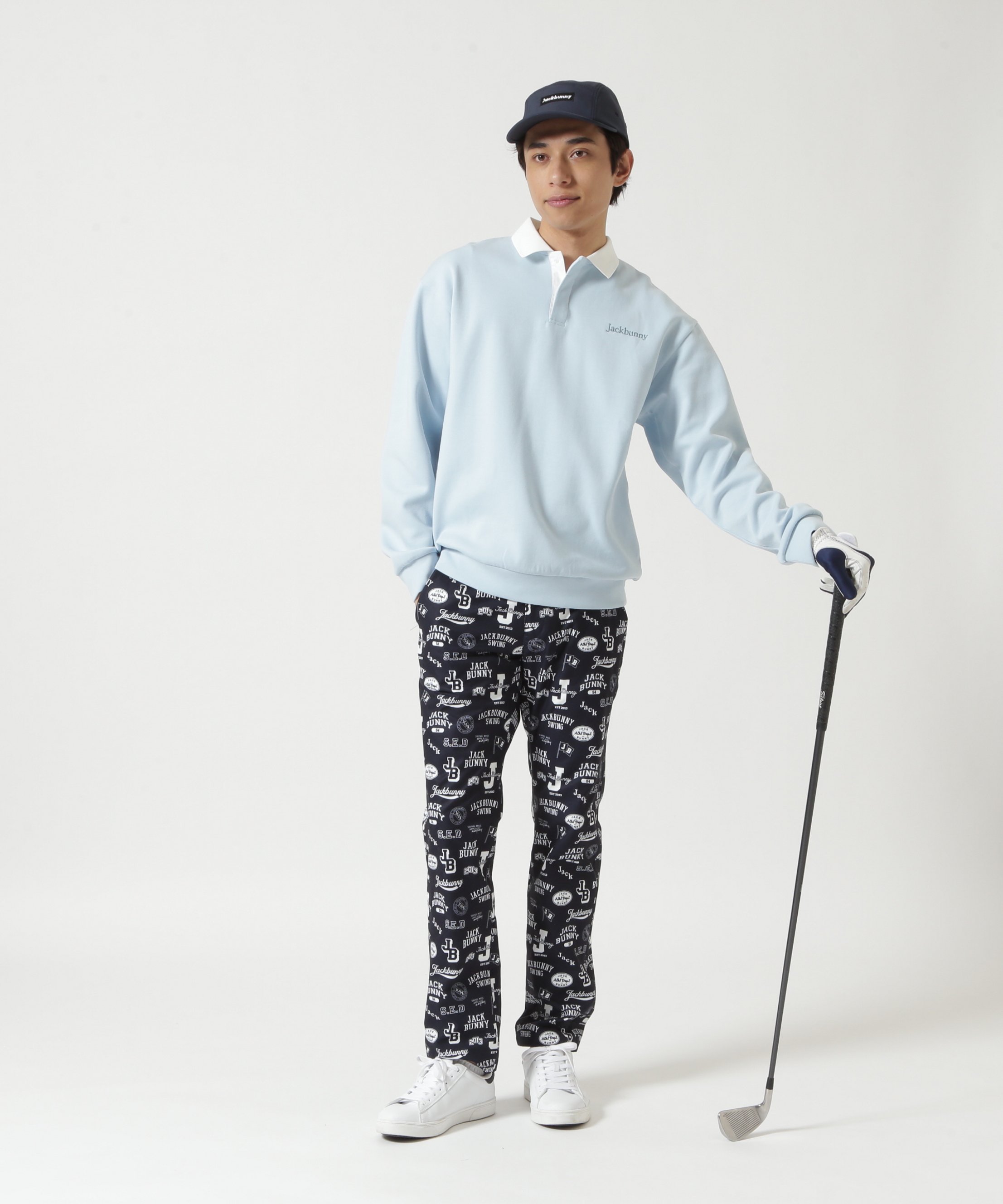 Jack Bunny!! PEストレッチロゴプリントロングパンツ ジャックバニー パンツ その他のパンツ イエロー ネイビー