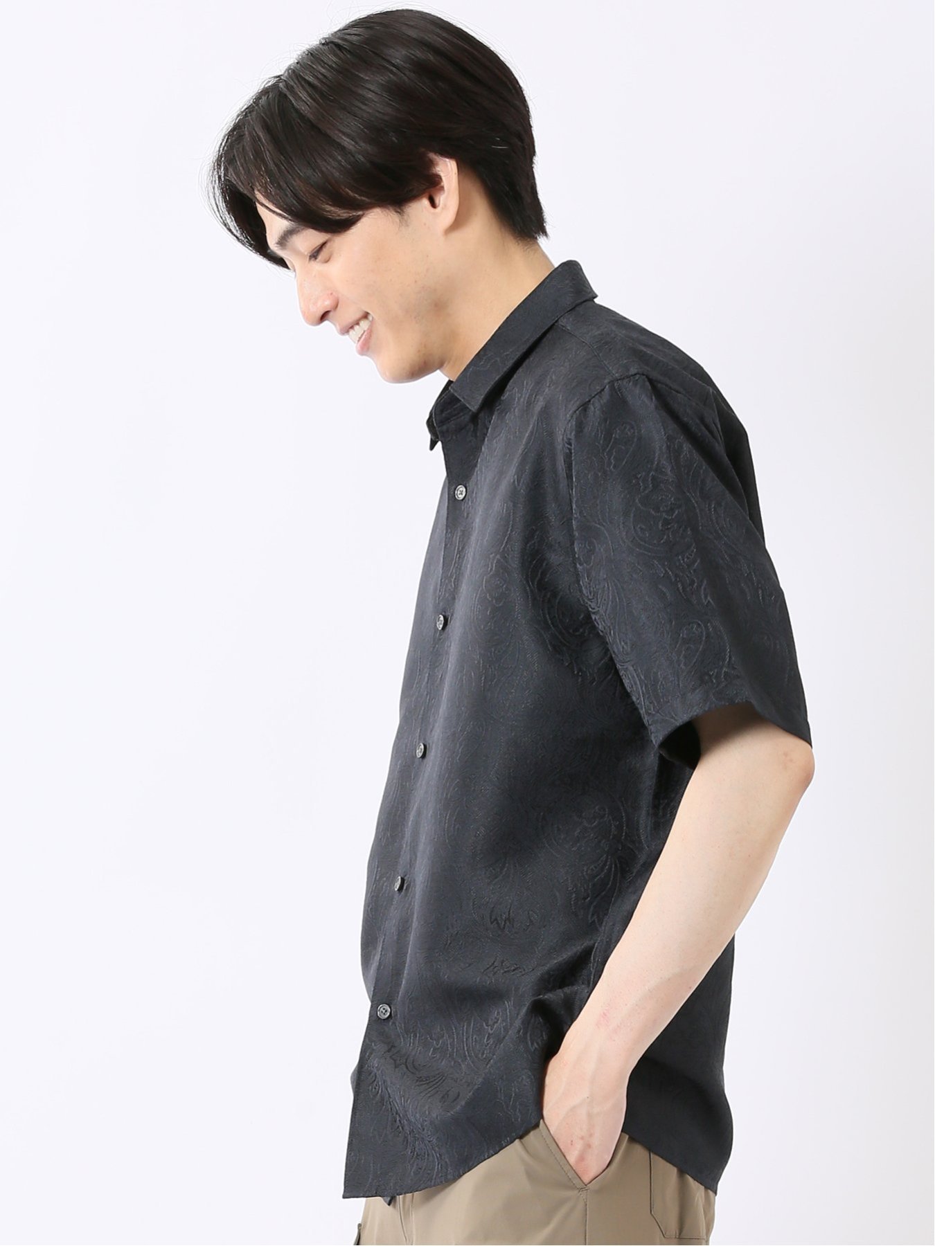 ペイズリー ジャガード レギュラーカラー 半袖 シャツ タカキュー トップス シャツ・ブラウス ネイビー ベージュ