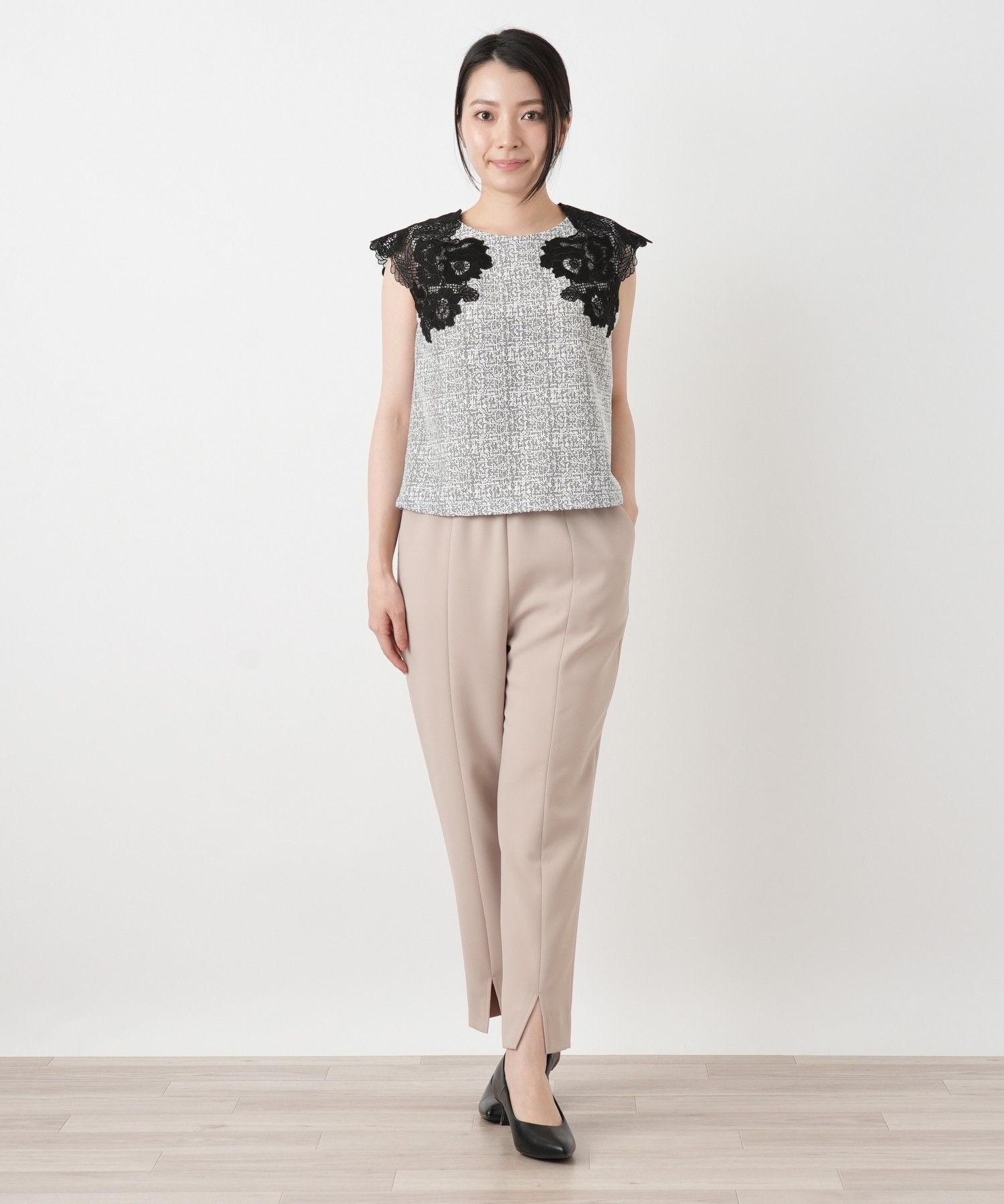 Leilian レーススリーブツイードブラウス【Leilian WHITE LABEL】 レリアン トップス シャツ・ブラウス ネイビー ブラック