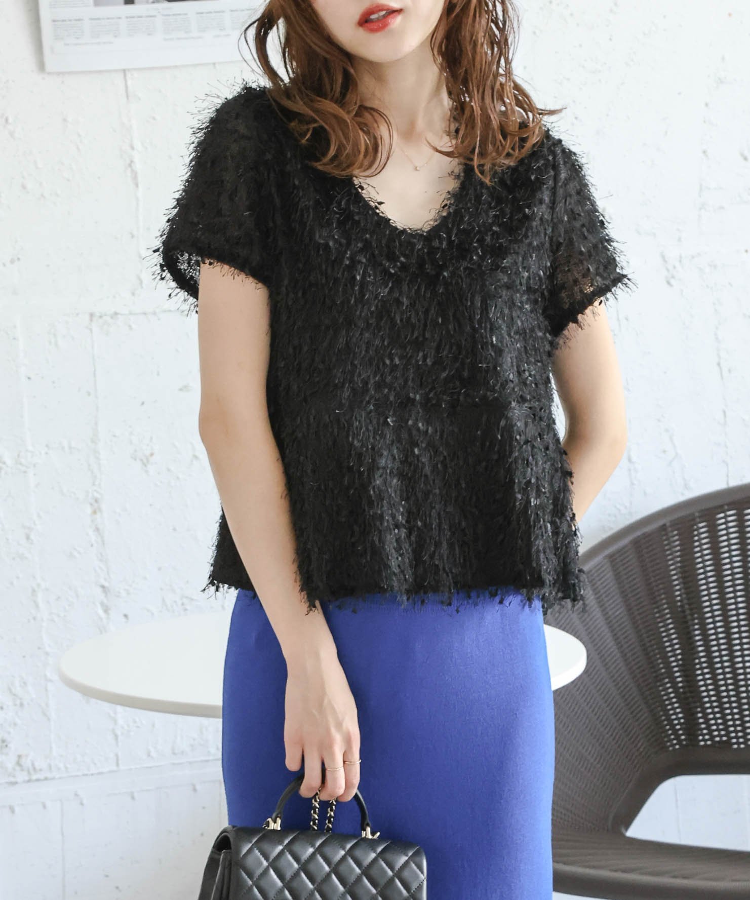 La-gemme フェザーフリンジ ペプラムトップス ラジュール トップス カットソー・Tシャツ ブラック ホワイト ピンク ベージュ
