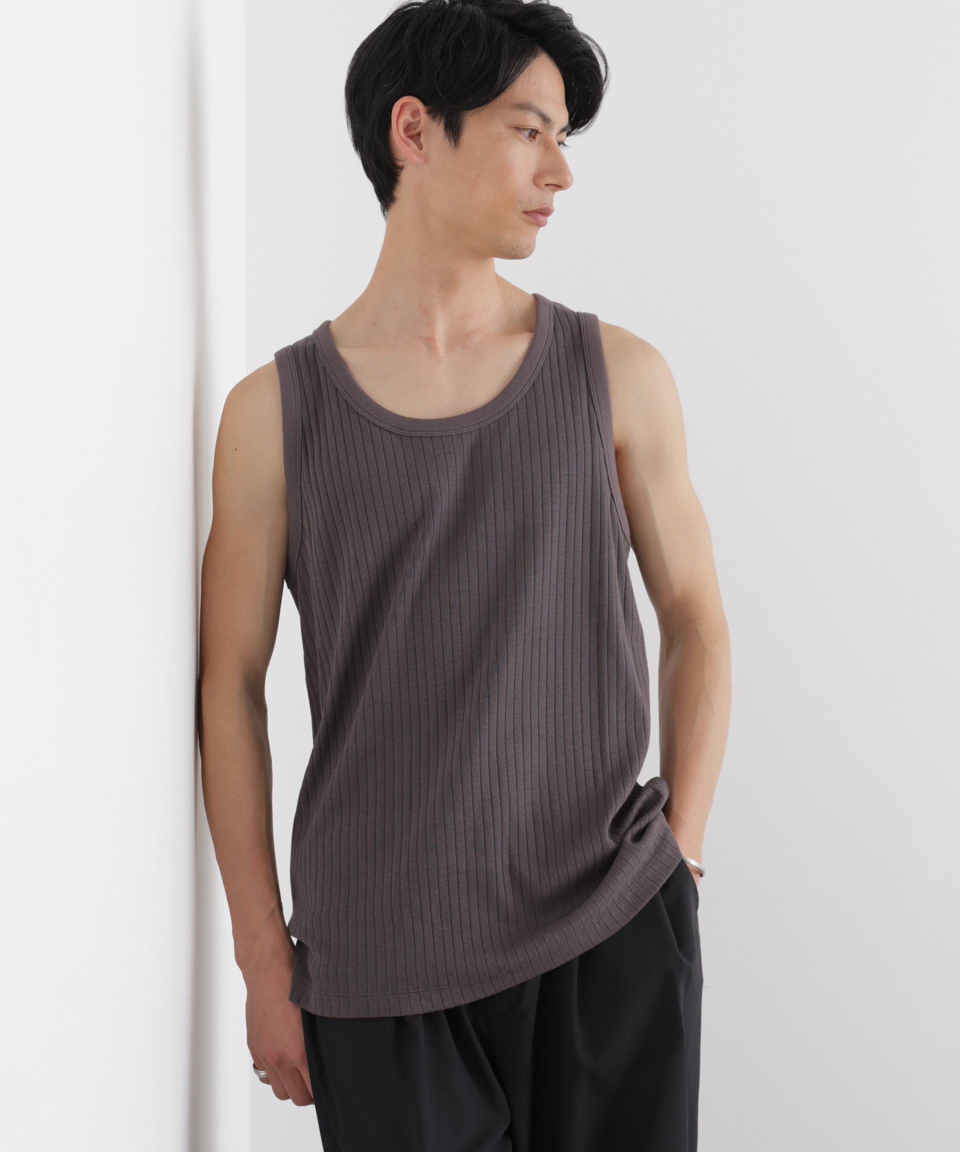 NANO universe Anti Soaked(R) 汗染み防止 リブタンクトップ ナノユニバース トップス カットソー・Tシャツ ブラック ホワイト グレー